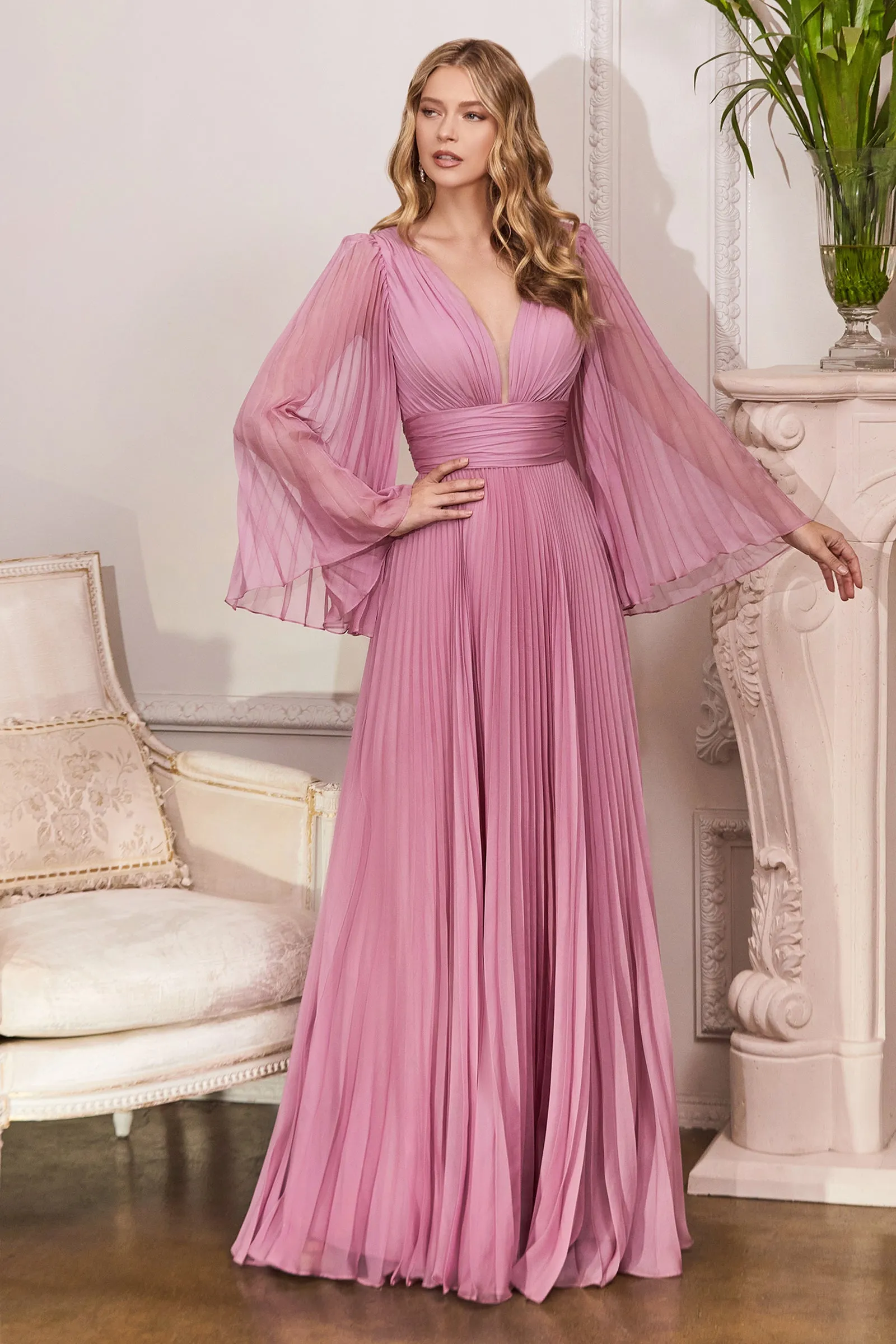CINDERELLA DIVINE CD242 Pleated Long Sleeve Chiffon Gown sold by The Gown Galleria product image thumbnail 3