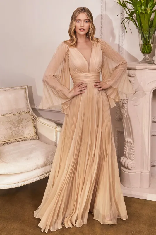 CINDERELLA DIVINE CD242 Pleated Long Sleeve Chiffon Gown sold by The Gown Galleria