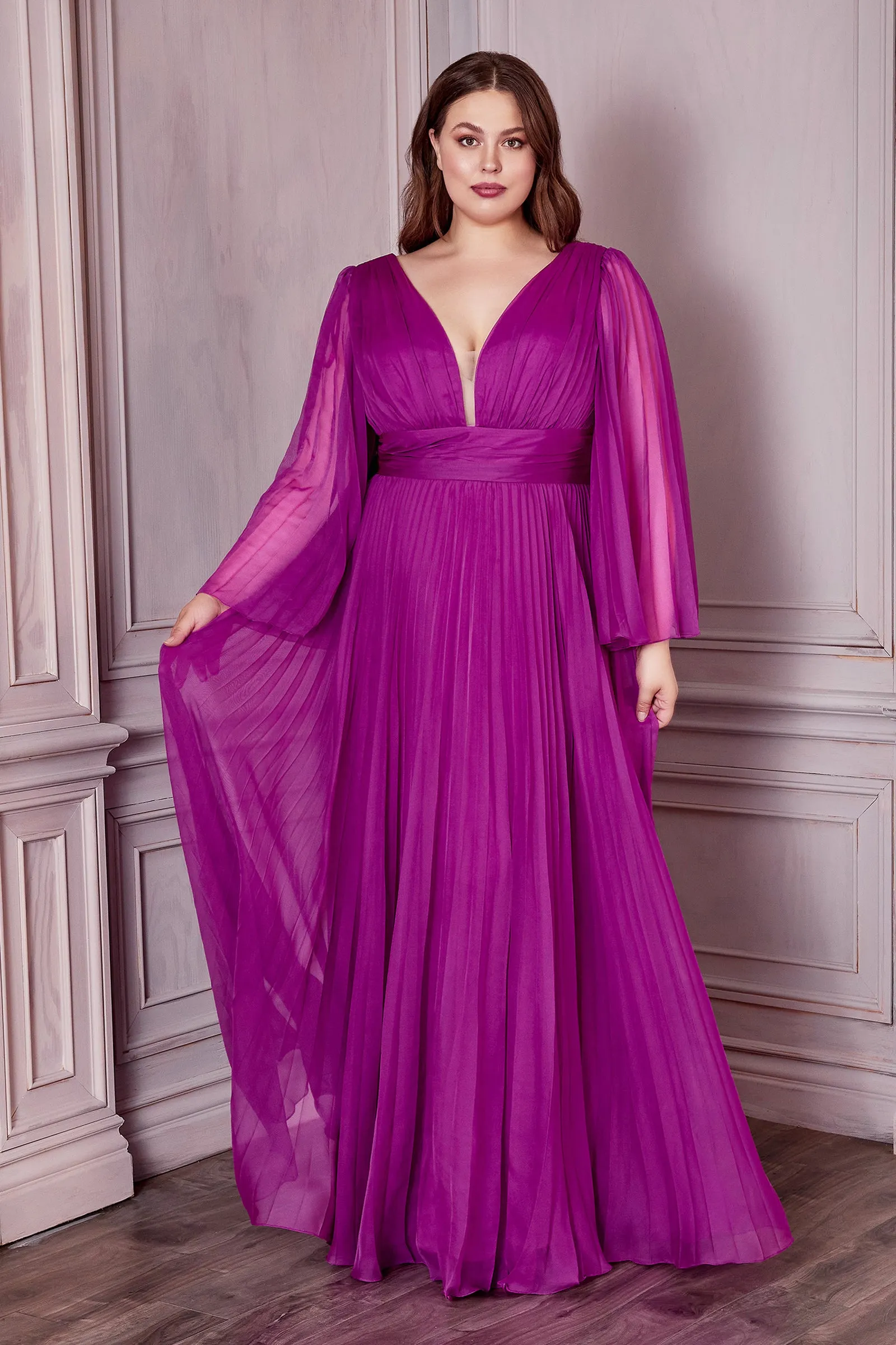 CINDERELLA DIVINE CD242C Plus Size Pleated Long Sleeve Chiffon Gown sold by The Gown Galleria product image thumbnail 5