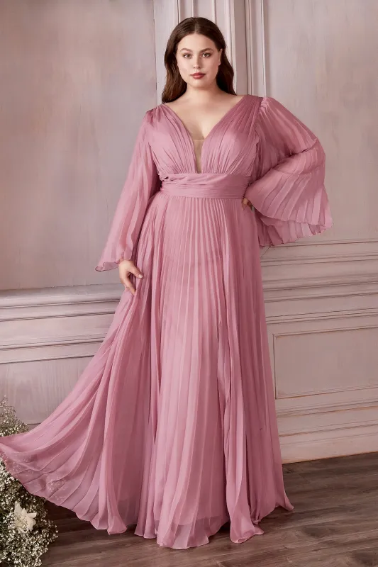 CINDERELLA DIVINE CD242C Plus Size Pleated Long Sleeve Chiffon Gown sold by The Gown Galleria