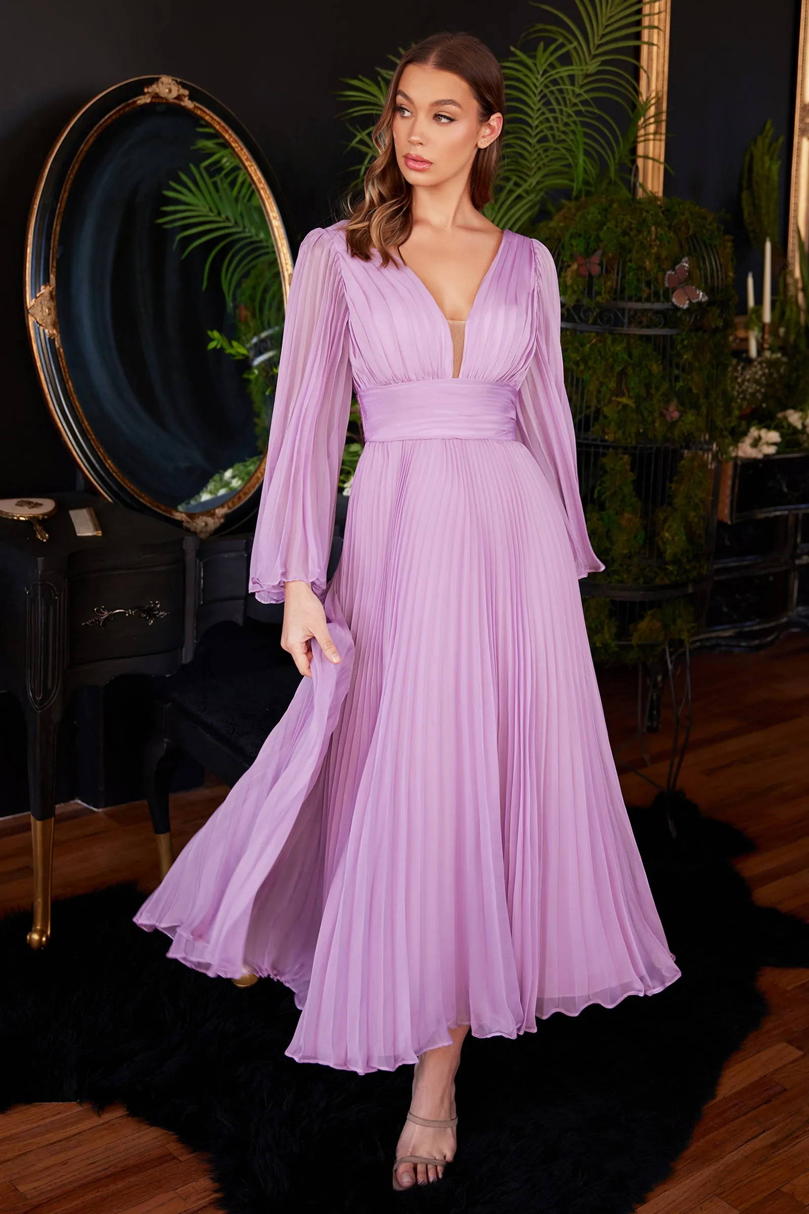 CINDERELLA DIVINE CD242S Pleated Long Sleeve Tea Length Chiffon Gown sold by The Gown Galleria