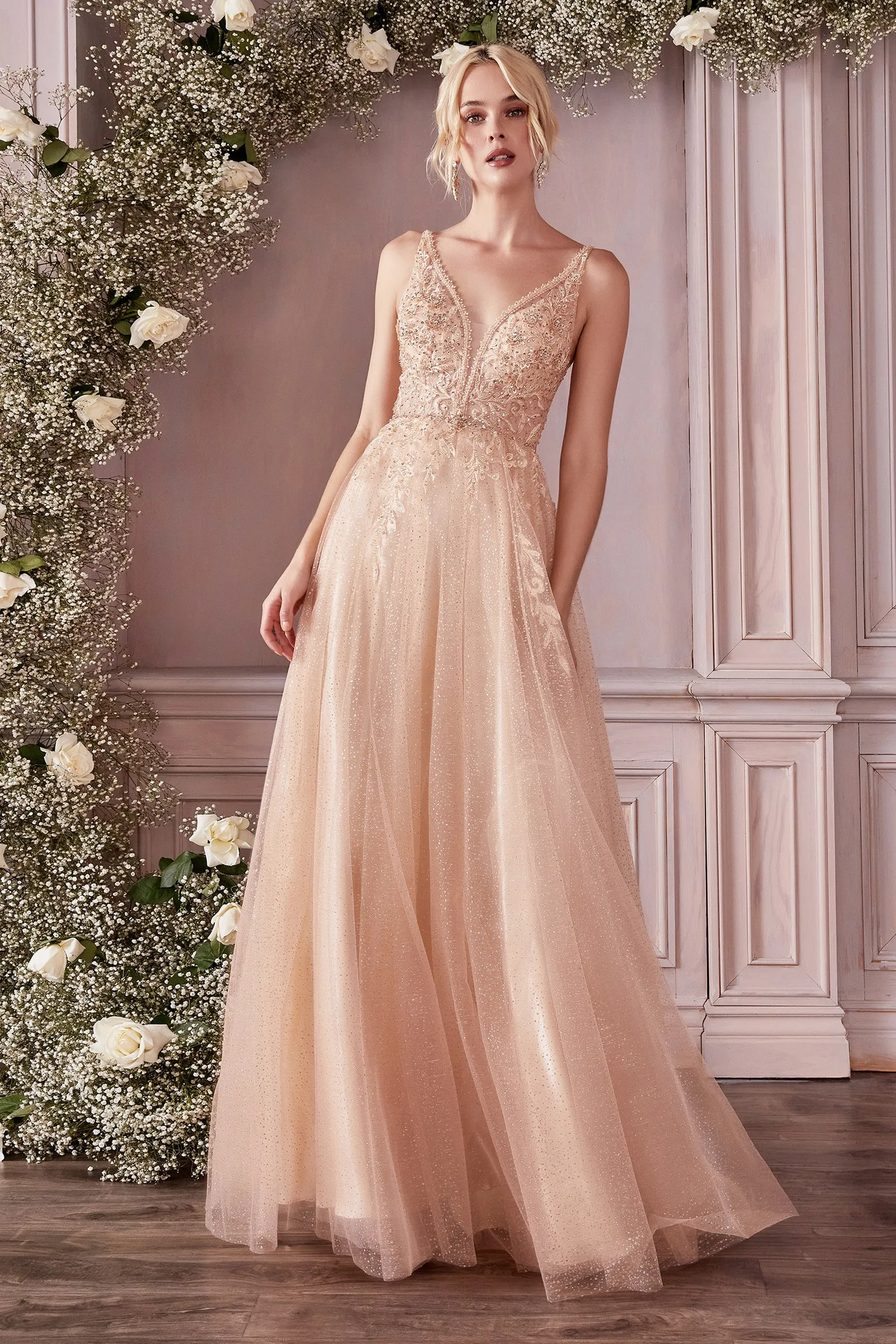 CINDERELLA DIVINE CD0196 V-Neck Embellished Tulle Dress sold by The Gown Galleria