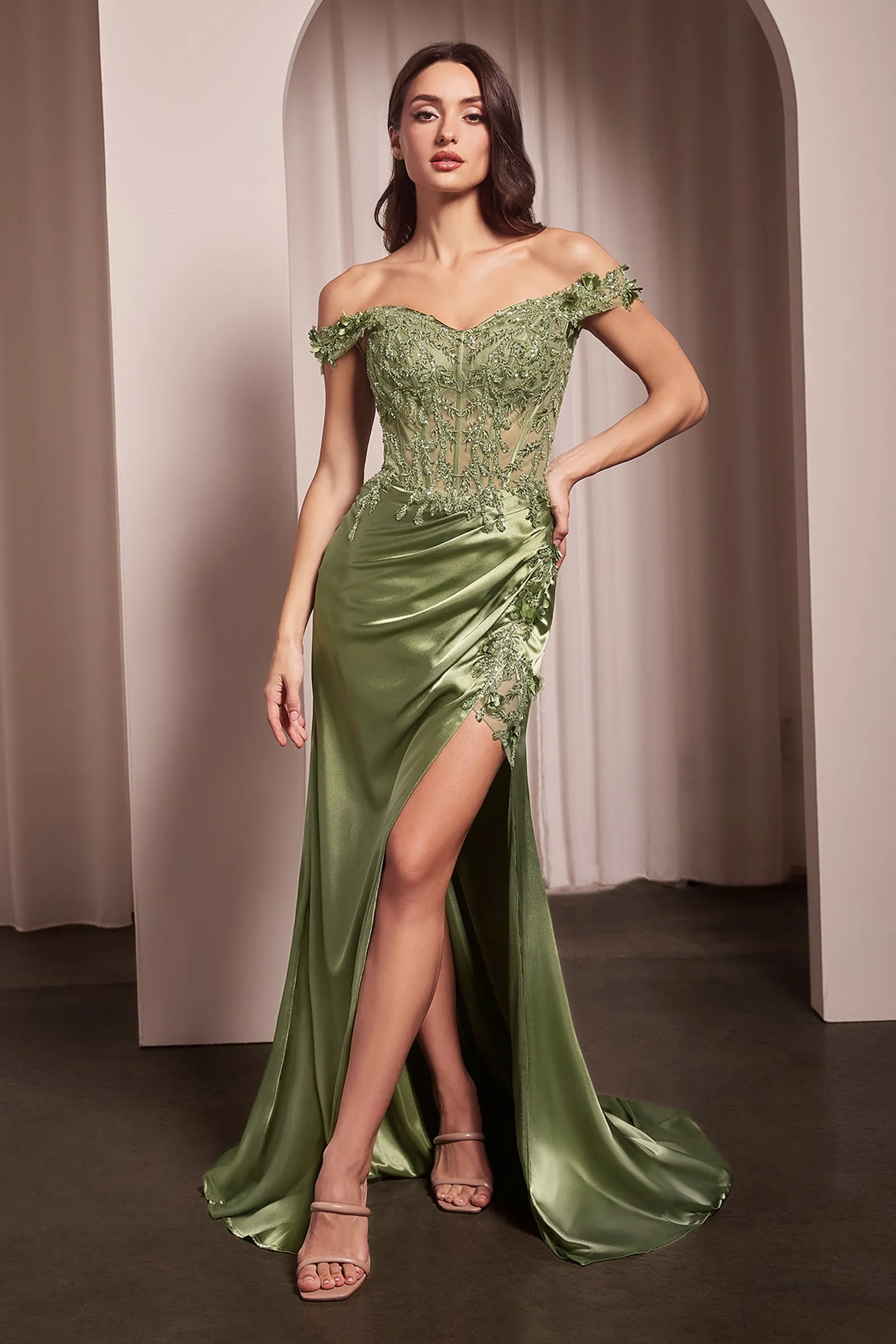 CINDERELLA DIVINE CD0186 3D Floral Off-Shoulder Corset Gown sold by The Gown Galleria