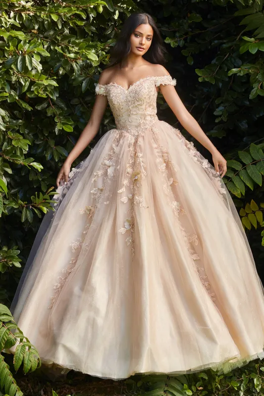 CINDERELLA DIVINE CD0185 3D Floral Layered Off-Shoulder Gown sold by The Gown Galleria