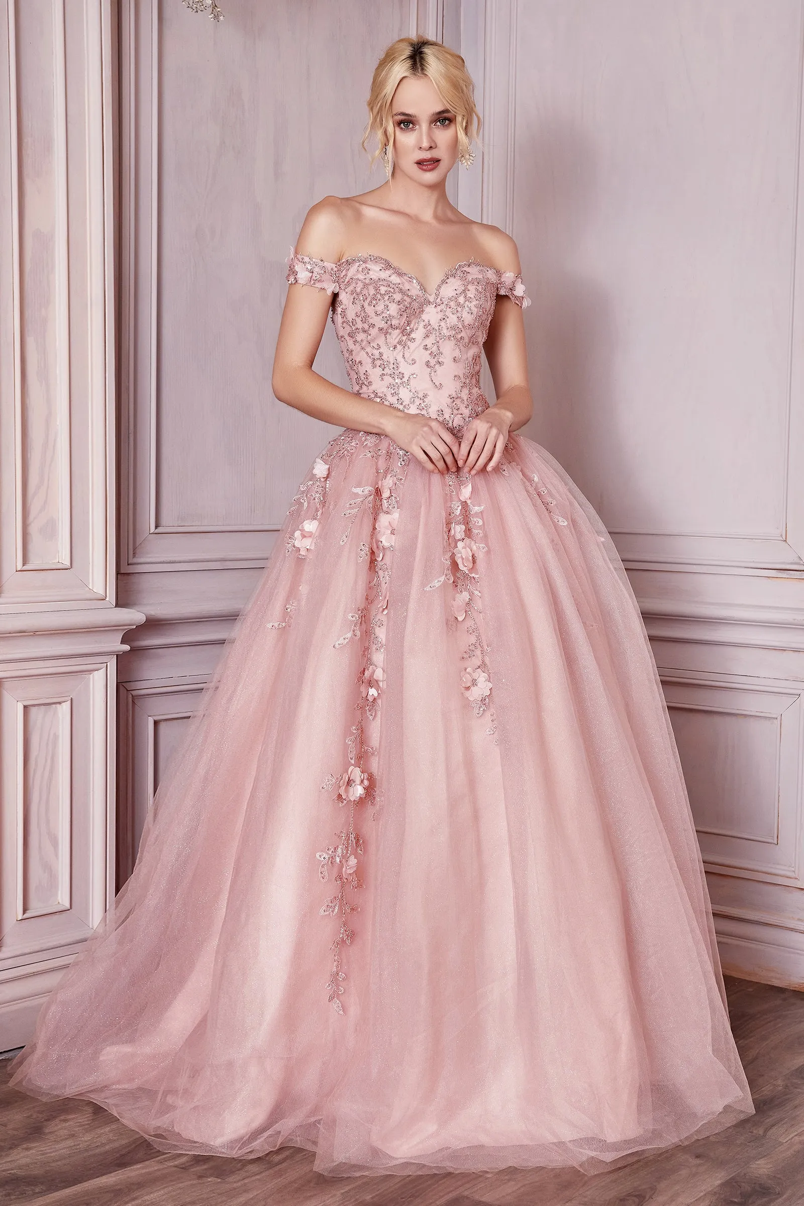 CINDERELLA DIVINE CD0185 3D Floral Layered Off-Shoulder Gown sold by The Gown Galleria product image thumbnail 3