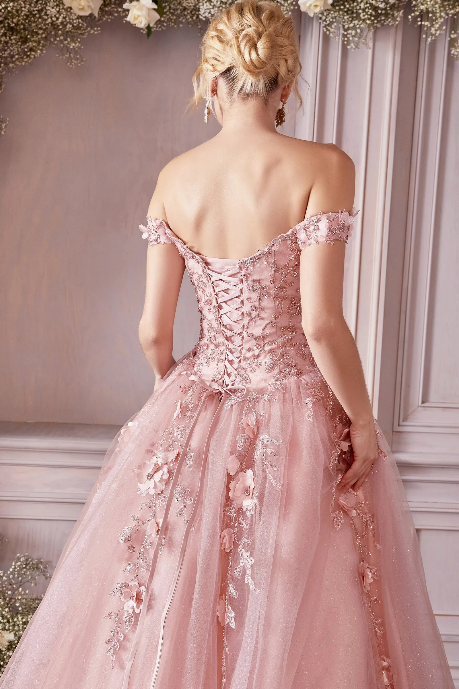 CINDERELLA DIVINE CD0185 3D Floral Layered Off-Shoulder Gown sold by The Gown Galleria product image thumbnail 4