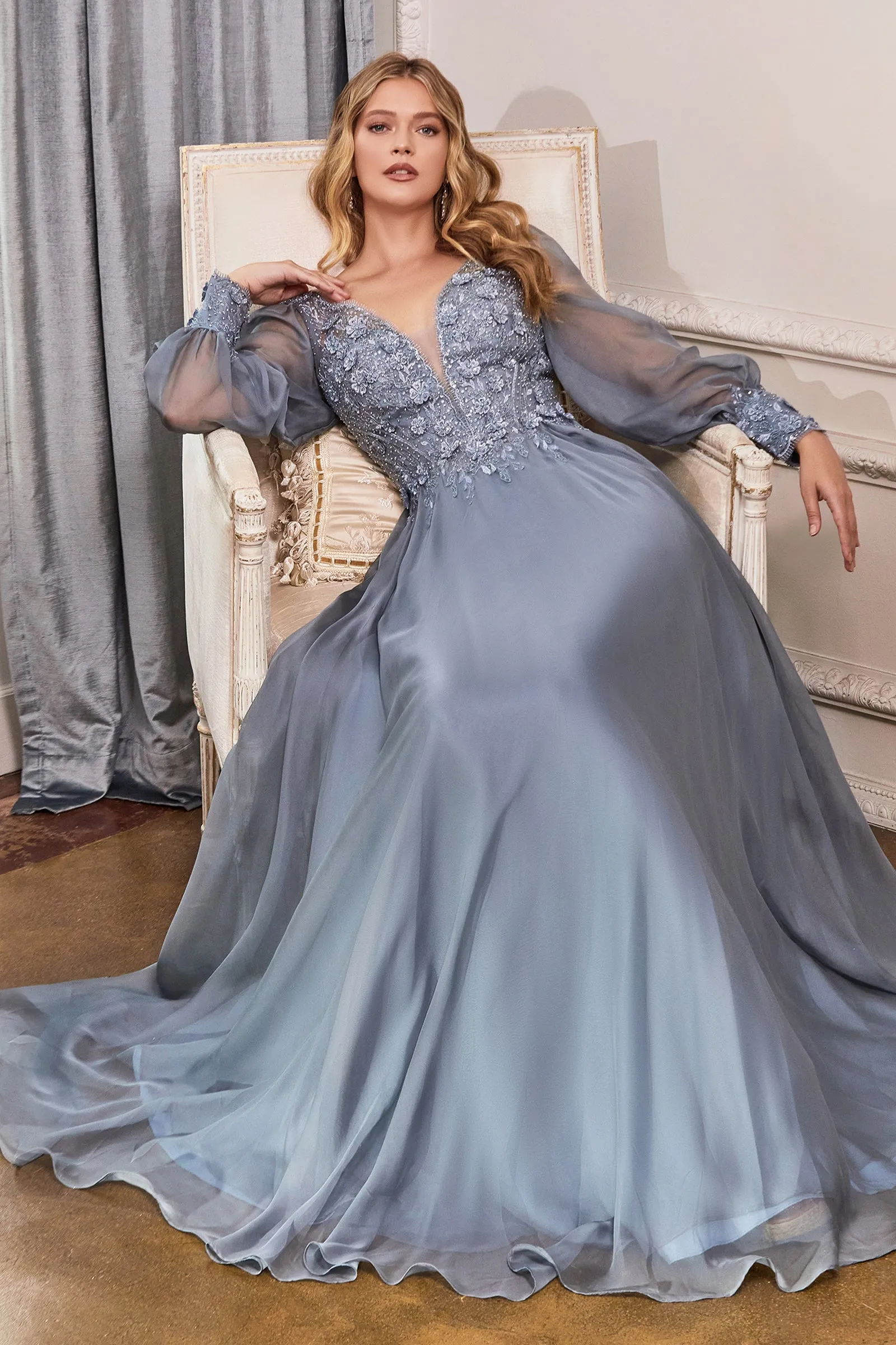 CINDERELLA DIVINE CD0183 Bishop Sleeve Chiffon Gown sold by The Gown Galleria product image thumbnail 3