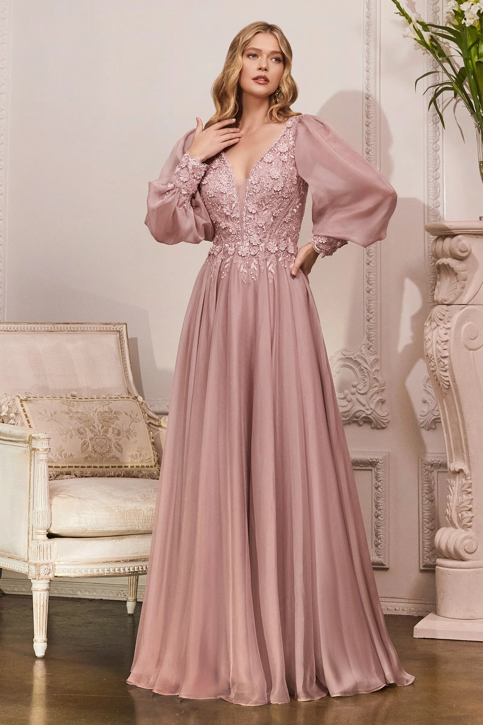 CINDERELLA DIVINE CD0183 Bishop Sleeve Chiffon Gown sold by The Gown Galleria