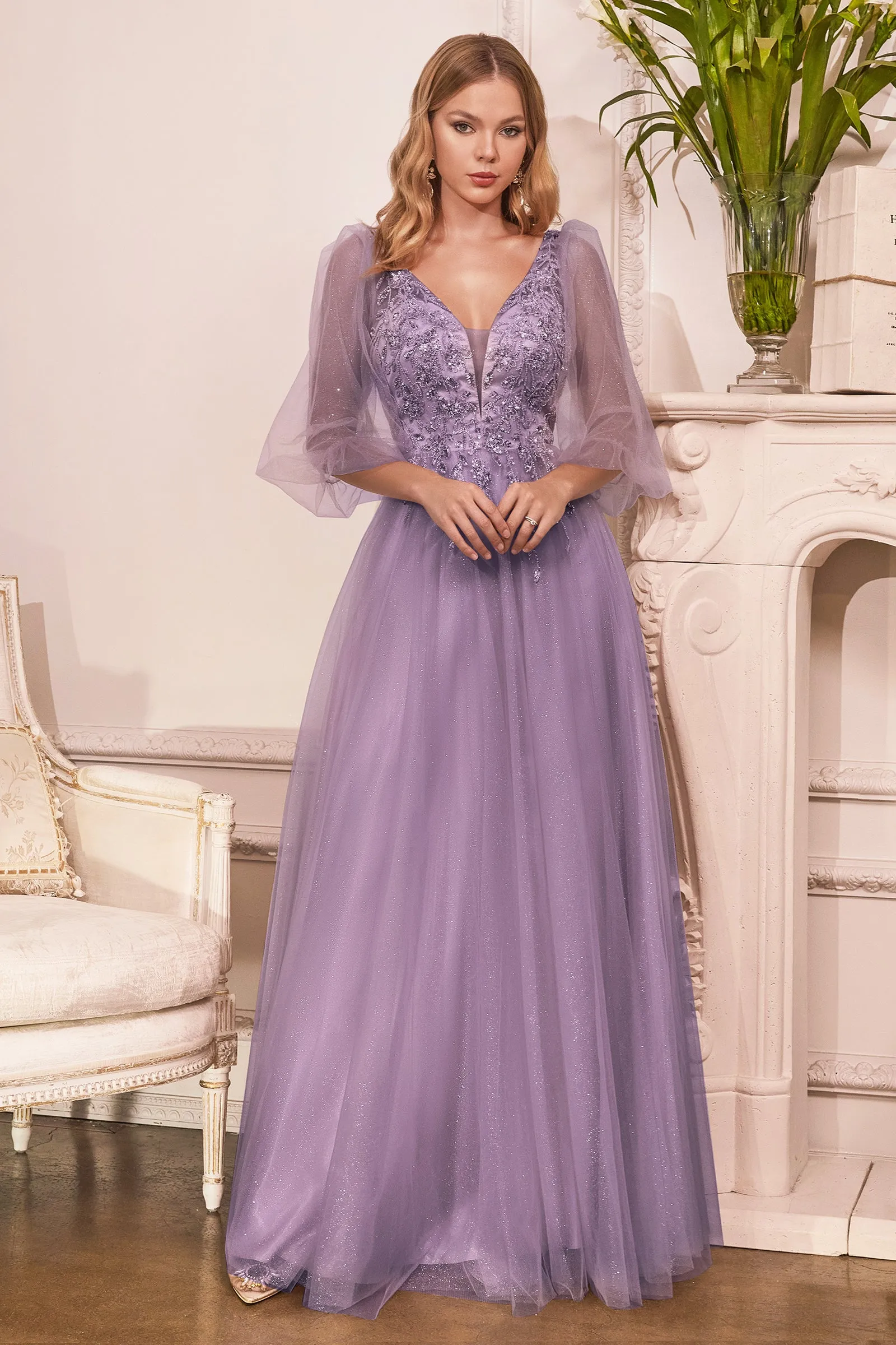 CINDERELLA DIVINE CD0182 Puff Sleeve Glitter Tulle A-Line Gown sold by The Gown Galleria product image thumbnail 5