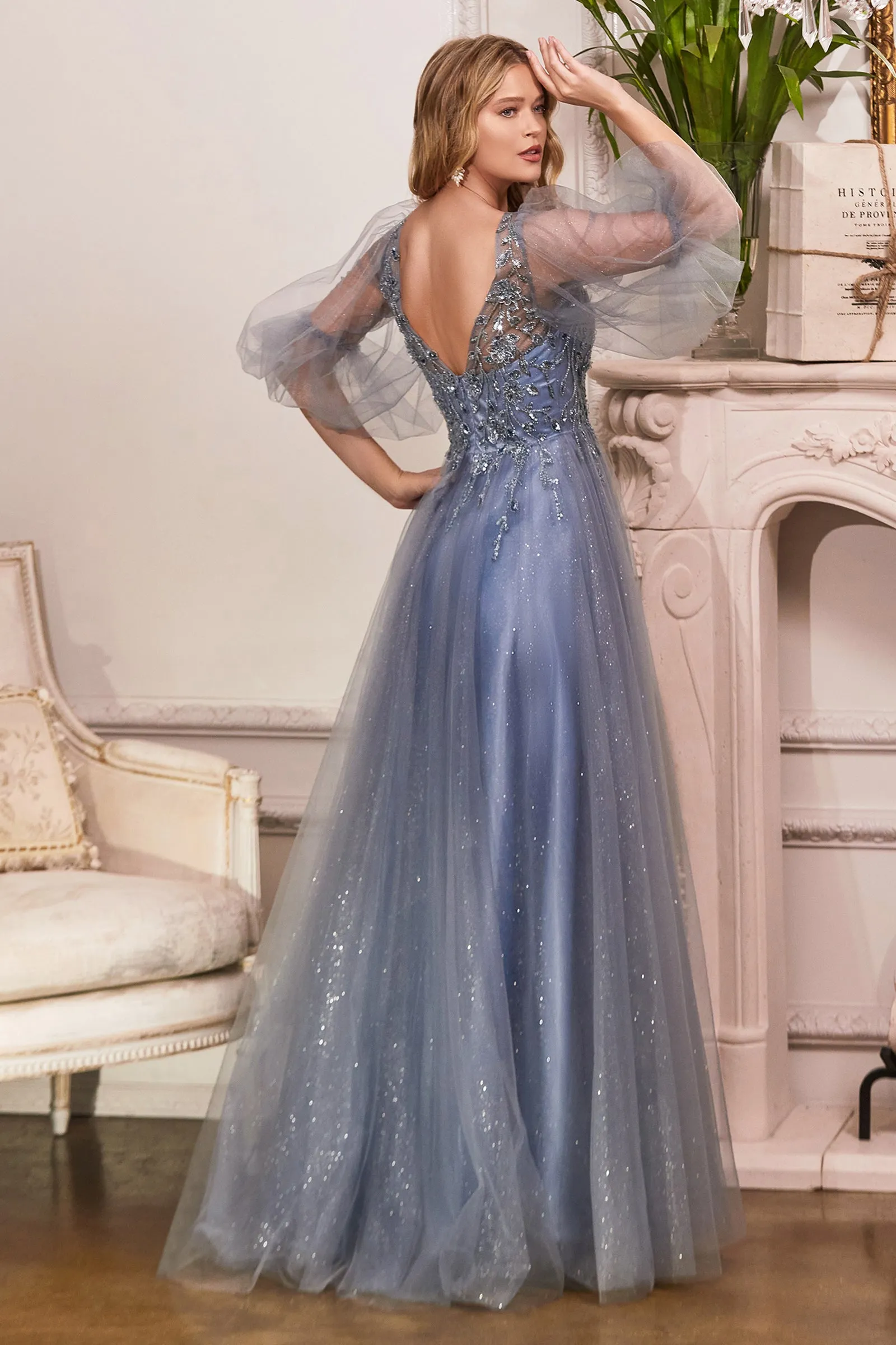 CINDERELLA DIVINE CD0182 Puff Sleeve Glitter Tulle A-Line Gown sold by The Gown Galleria product image thumbnail 2