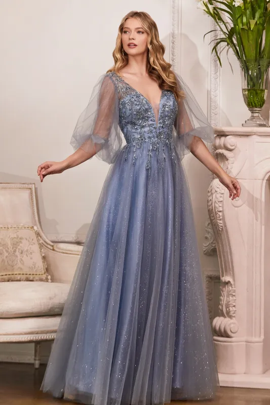 CINDERELLA DIVINE CD0182 Puff Sleeve Glitter Tulle A-Line Gown sold by The Gown Galleria