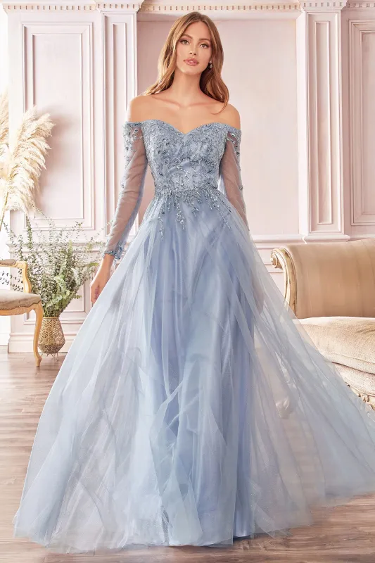 CINDERELLA DIVINE CD0172 Off-Shoulder Beaded A-Line Tulle Gown sold by The Gown Galleria