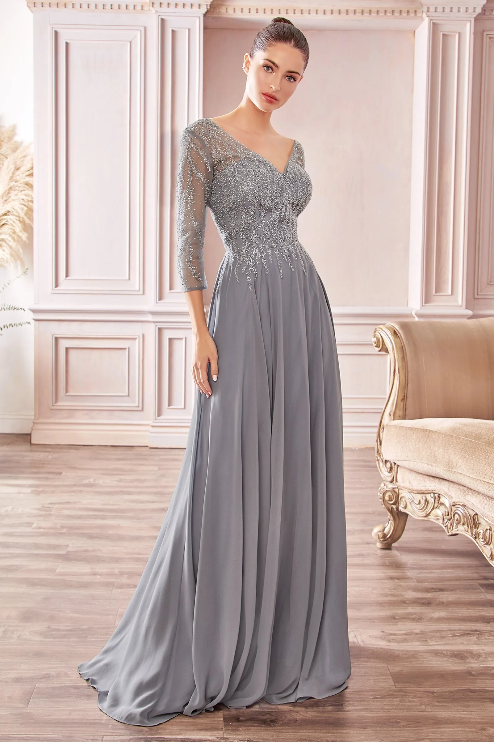 CINDERELLA DIVINE CD0171 3/4 Sleeve Chiffon A-Line Gown sold by The Gown Galleria product image thumbnail 3