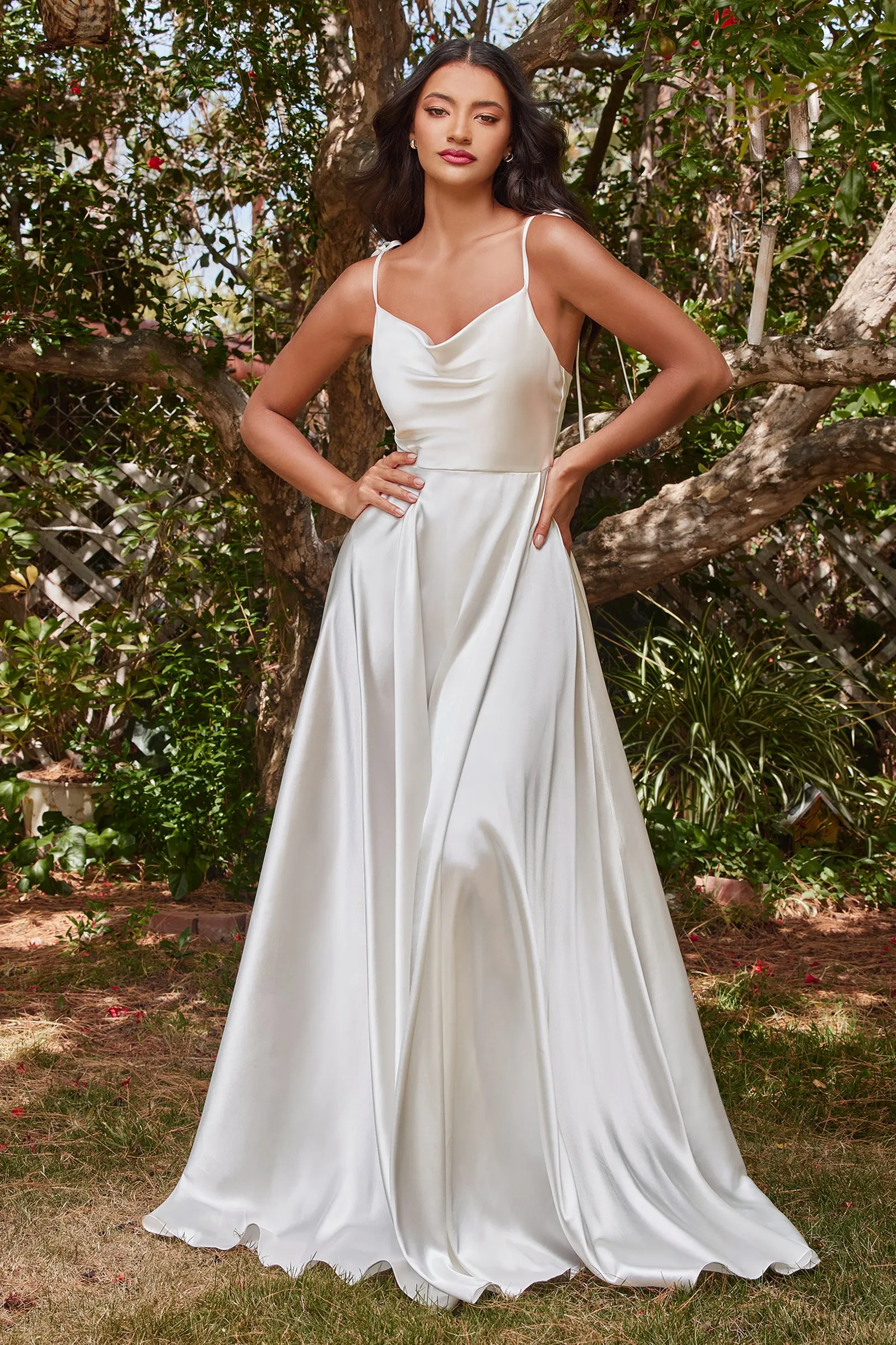 CINDERELLA DIVINE BD104W White Satin A-Line with Slit Dress sold by The Gown Galleria