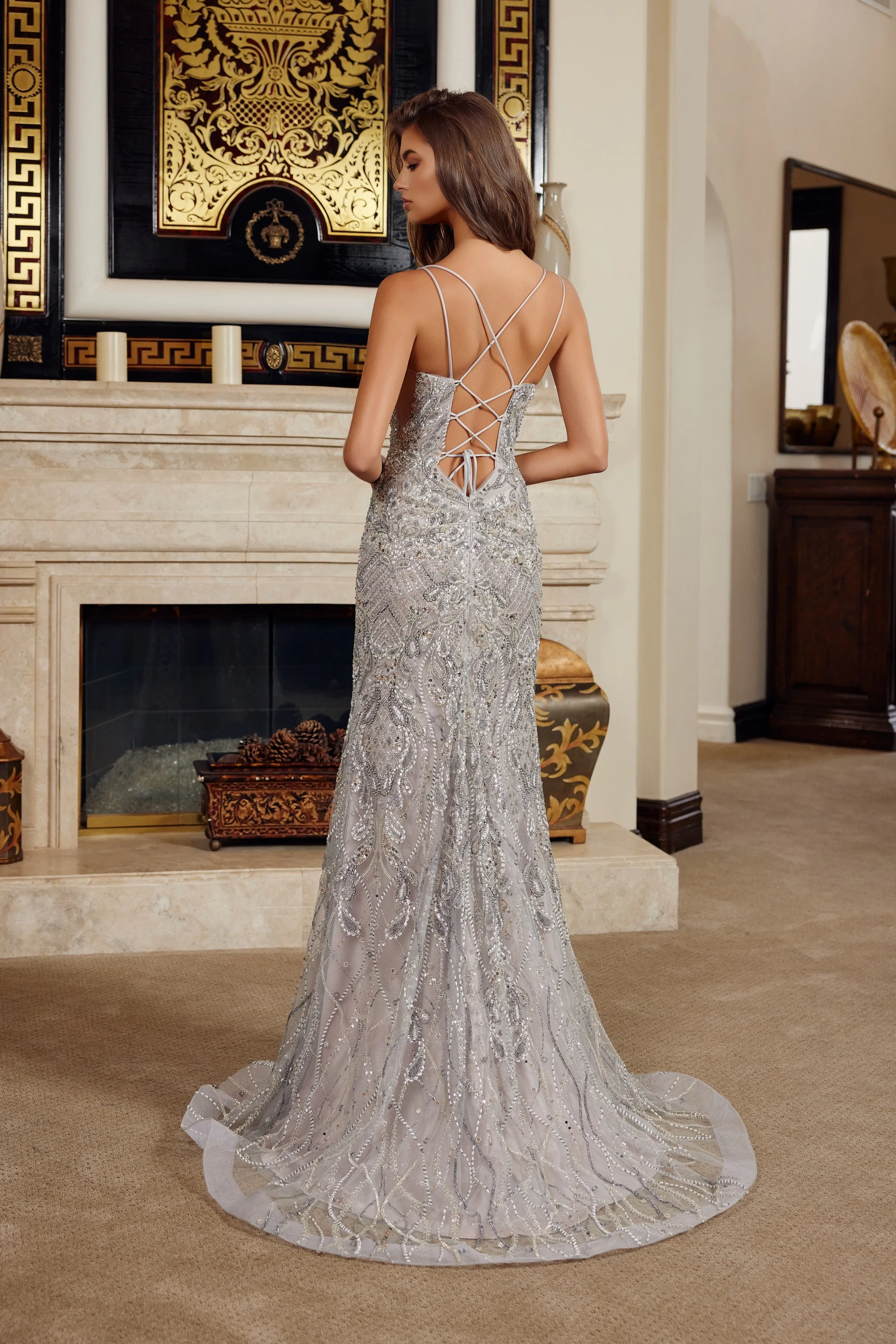 Nox Anabel C1834 fitted beaded prom dress with thigh high slit sold by The Gown Galleria product image thumbnail 2