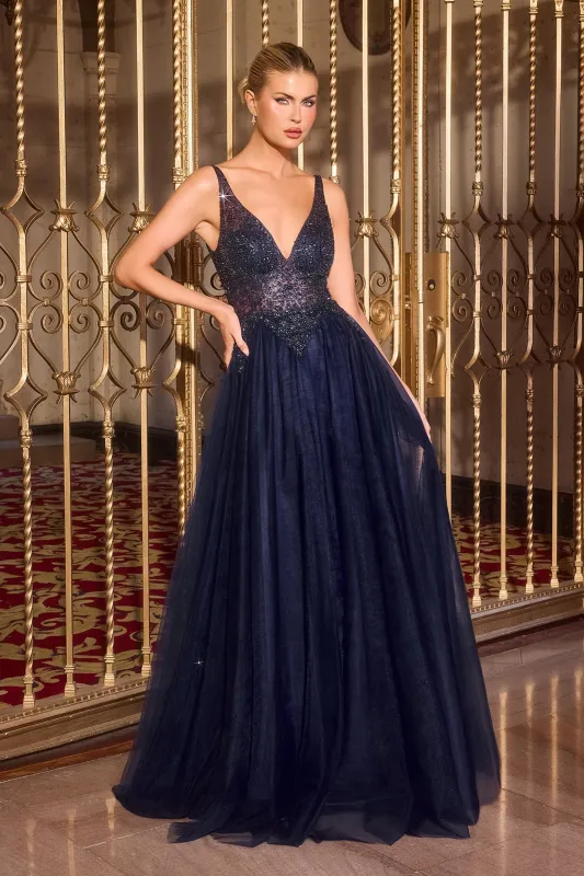 Cinderella Divine CR880 A-Line Prom Dress with Deep V-Neckline sold by The Gown Galleria