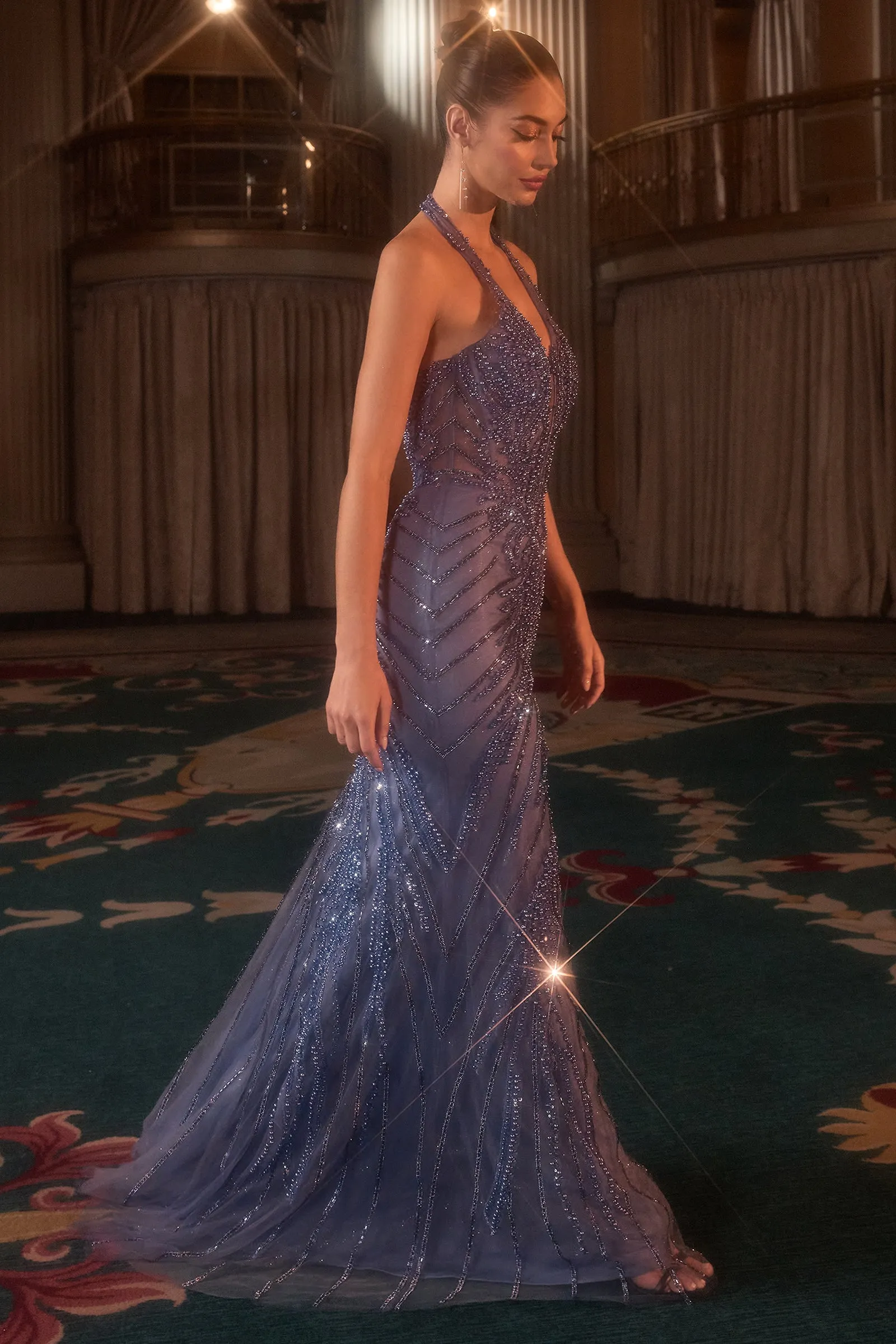 Cinderella Divine CDS547 Fitted Prom Dress with Halter Neckline sold by The Gown Galleria product image thumbnail 3