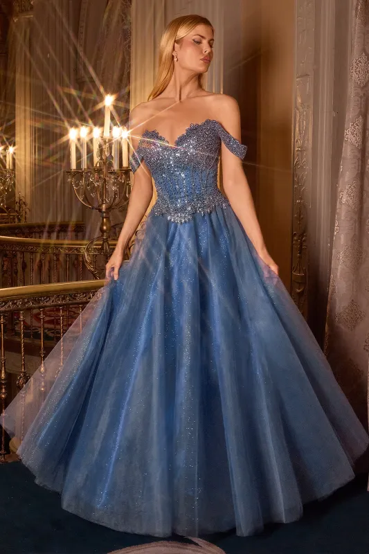 Cinderella Divine CC471 A-Line Evening Gown with Off-Shoulder Neckline sold by The Gown Galleria