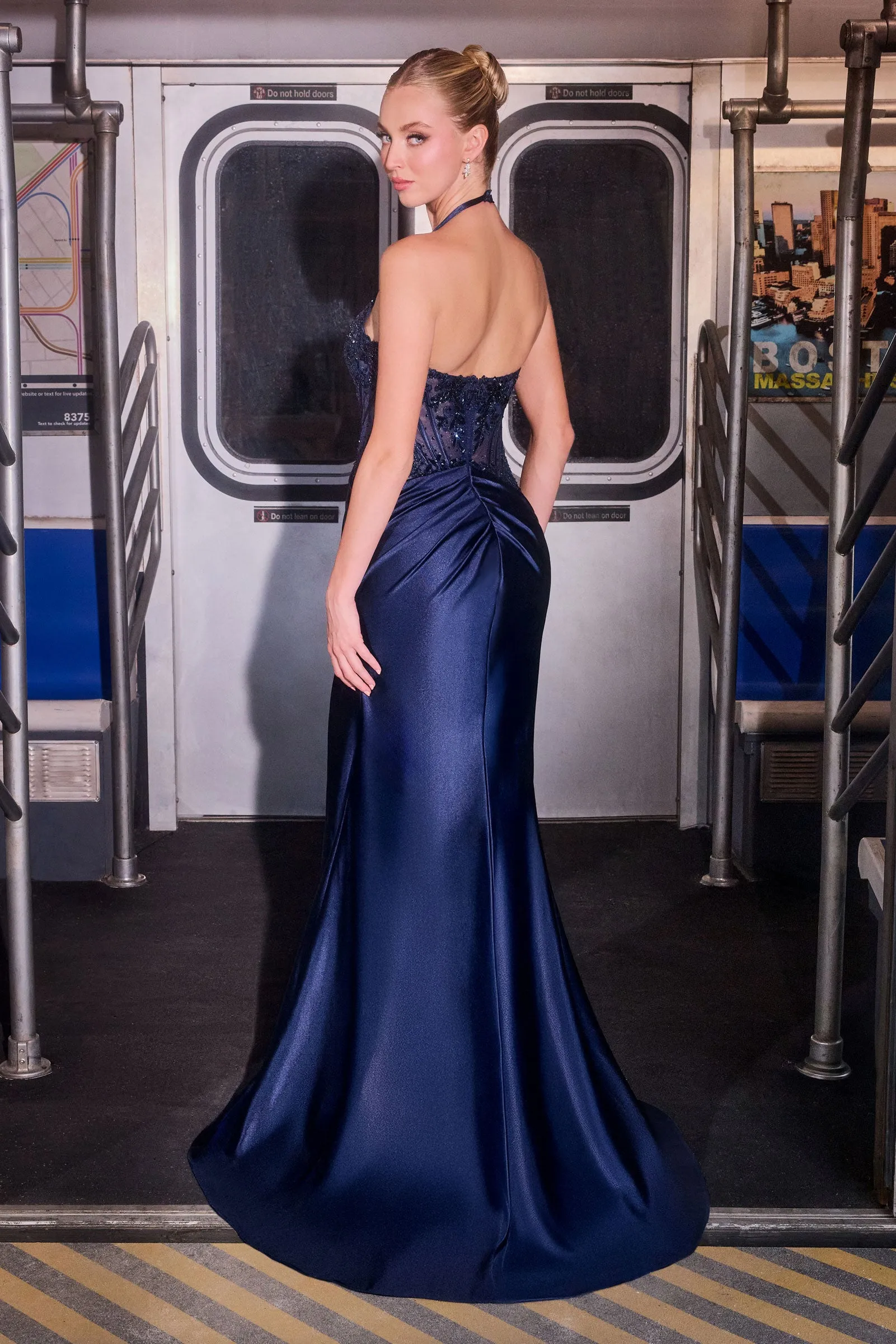 Cinderella Divine CD690 Fitted Halter Prom Dress with Slit sold by The Gown Galleria product image thumbnail 2