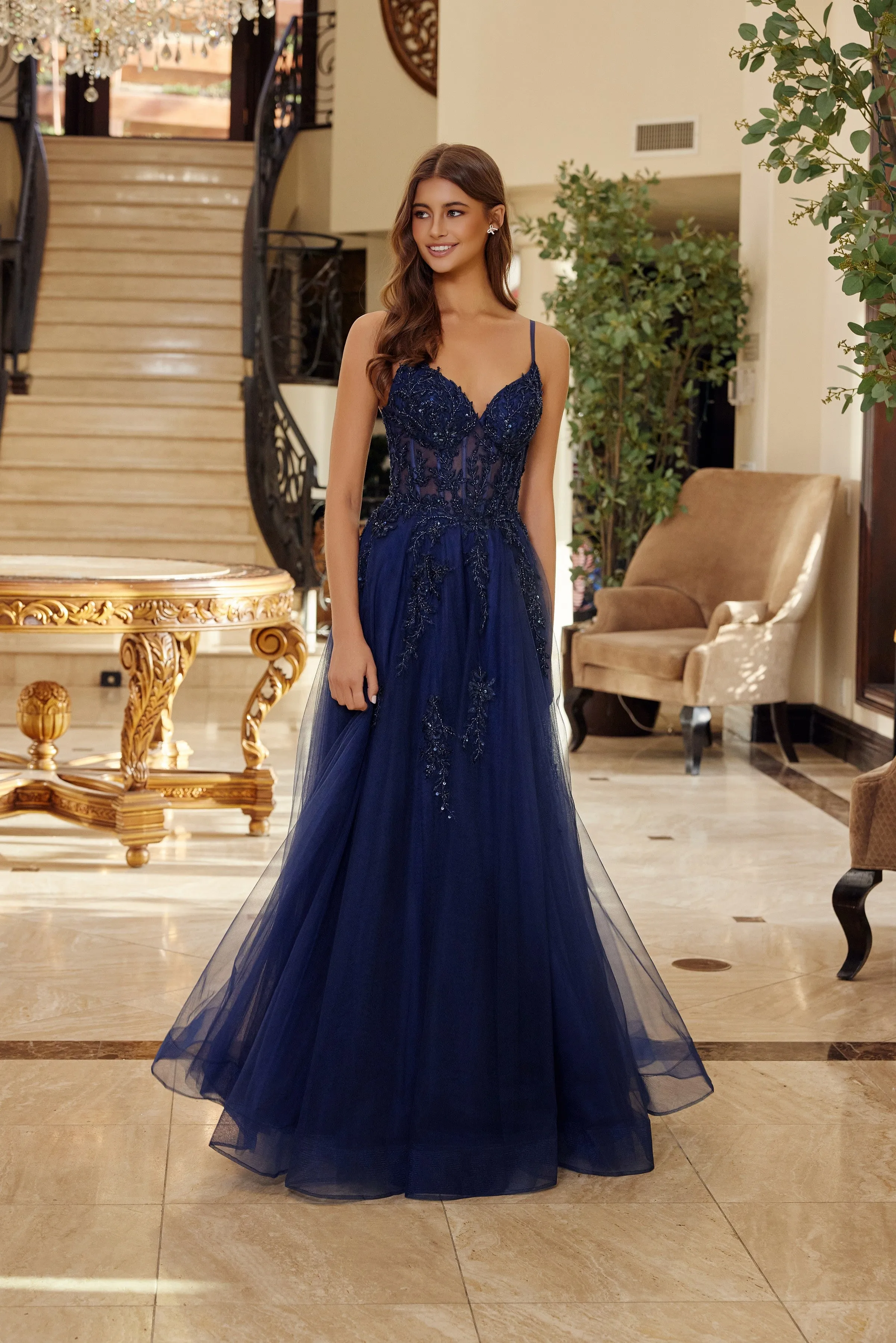 Nox Anabel Q1778 fit and flare tulle prom dress with v neckline sold by The Gown Galleria product image thumbnail 4