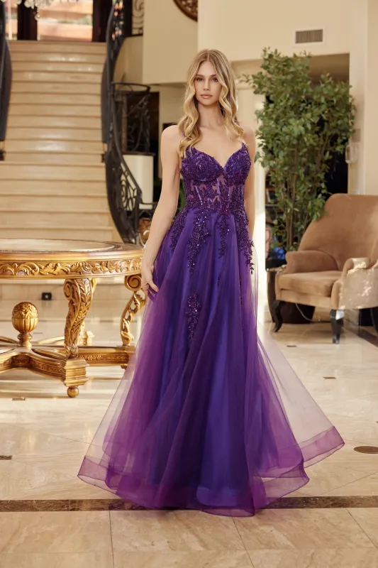 Nox Anabel Q1778 fit and flare tulle prom dress with v neckline made by The Gown Galleria