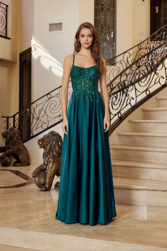 Nox Anabel A1725 A-Line prom dress with Lace-Up Back sold by The Gown Galleria