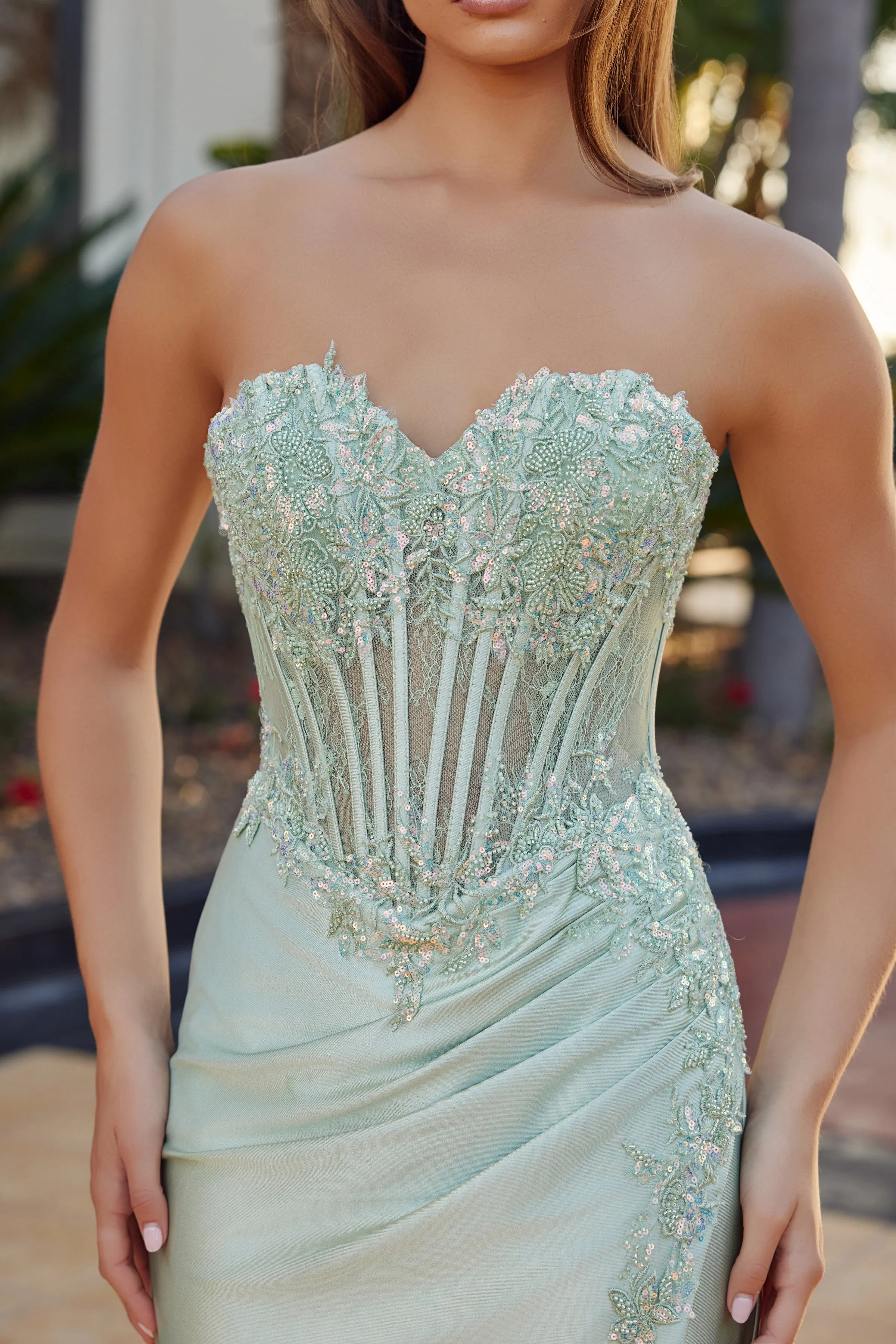 Nox Anabel R1811 strapless sweetheart prom dress with high slit sold by The Gown Galleria product image thumbnail 4