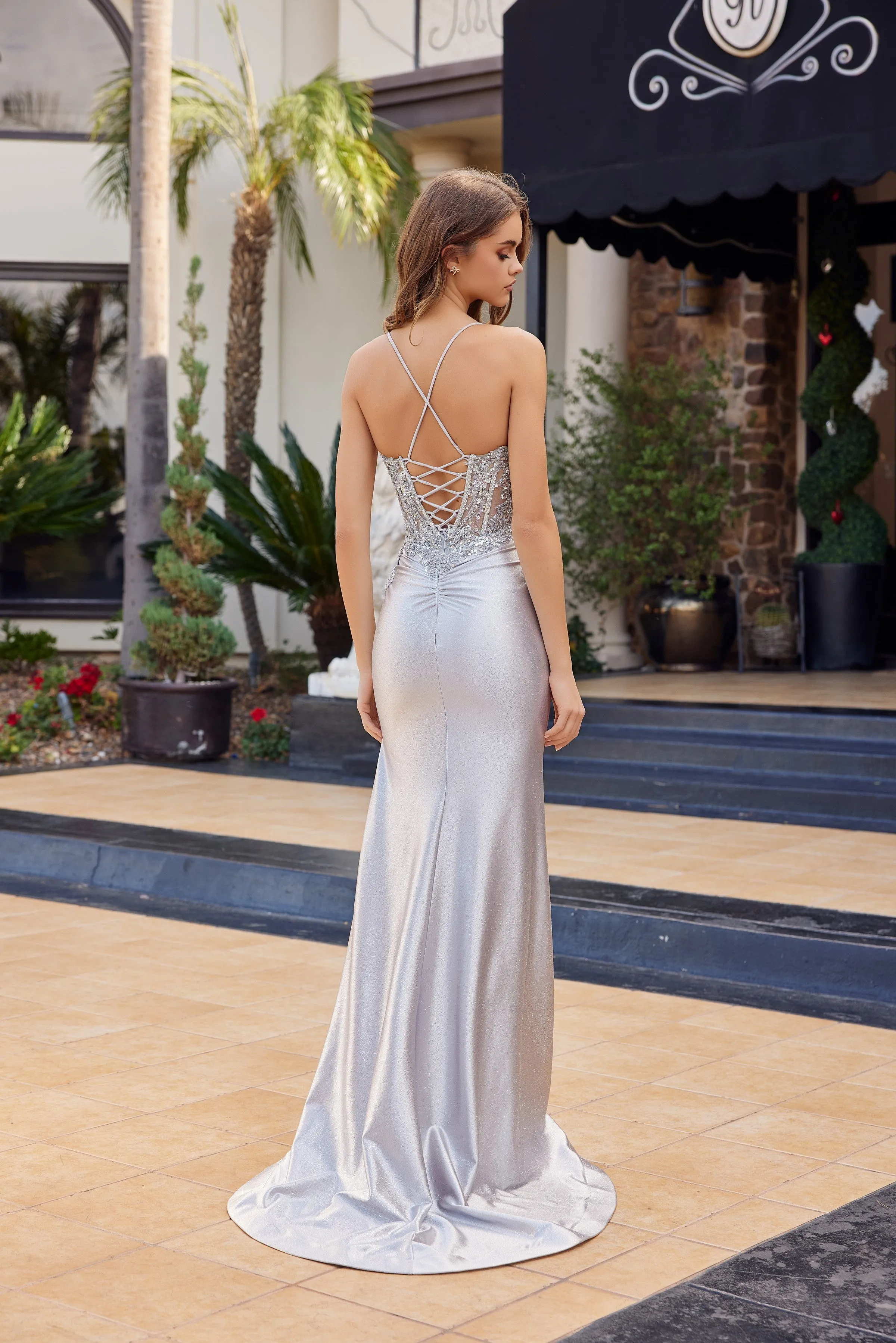 Nox Anabel C1841 prom dress with illusion plunge neckline sold by The Gown Galleria product image thumbnail 2