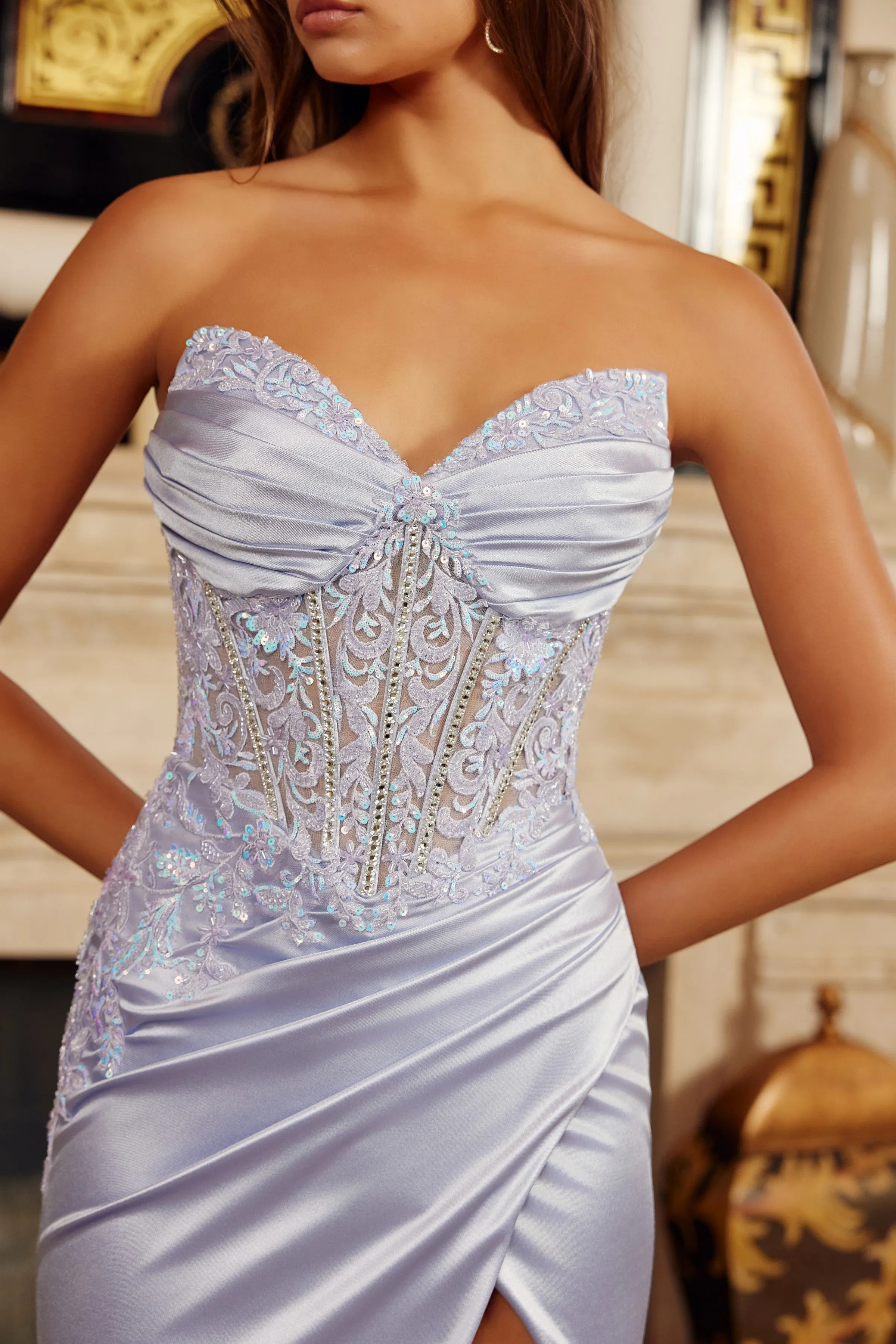 Nox Anabel H1876 satin strapless prom dress with high slit sold by The Gown Galleria product image thumbnail 4