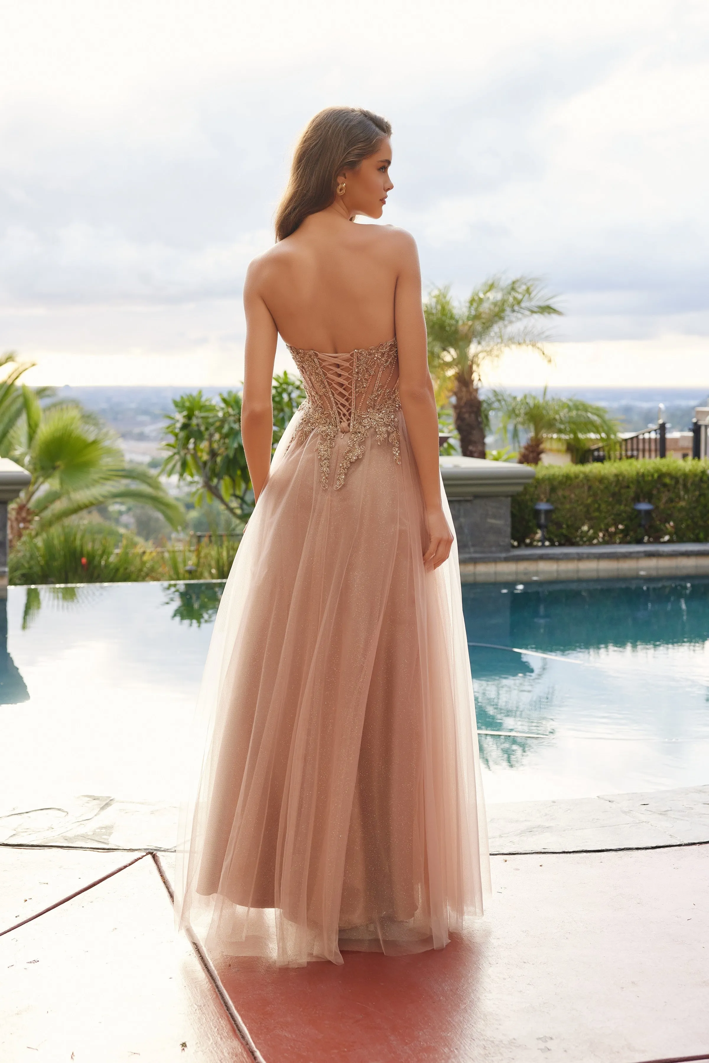 Nox Anabel C1843 prom dress with peaked neckline and thigh slit sold by The Gown Galleria product image thumbnail 5