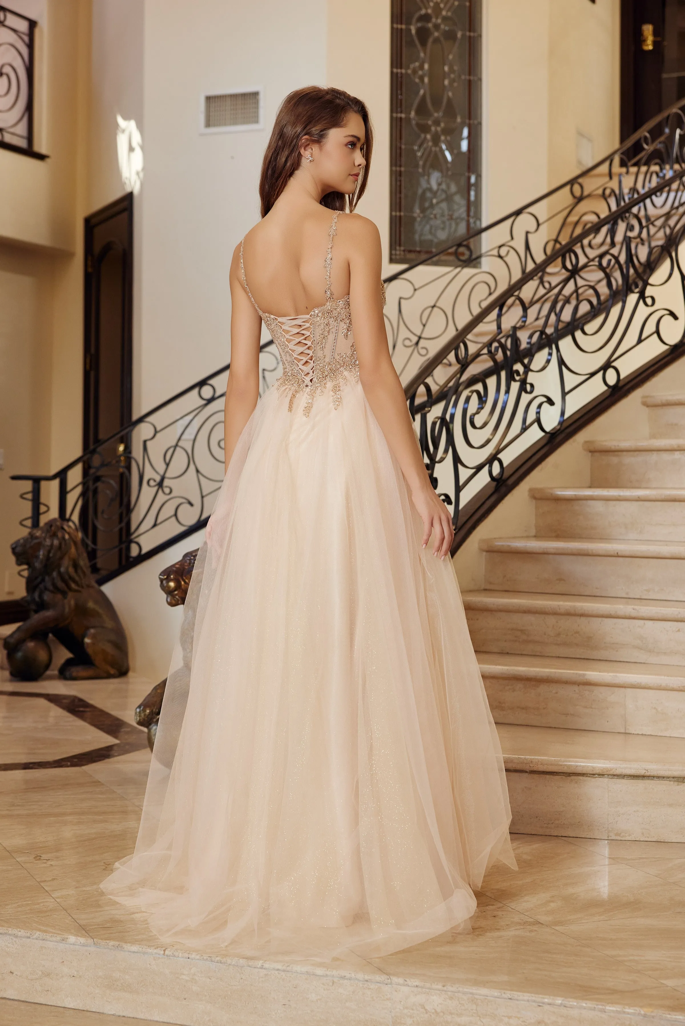 Nox Anabel F1726 fit and flare tulle prom dress with plunging neckline sold by The Gown Galleria product image thumbnail 5