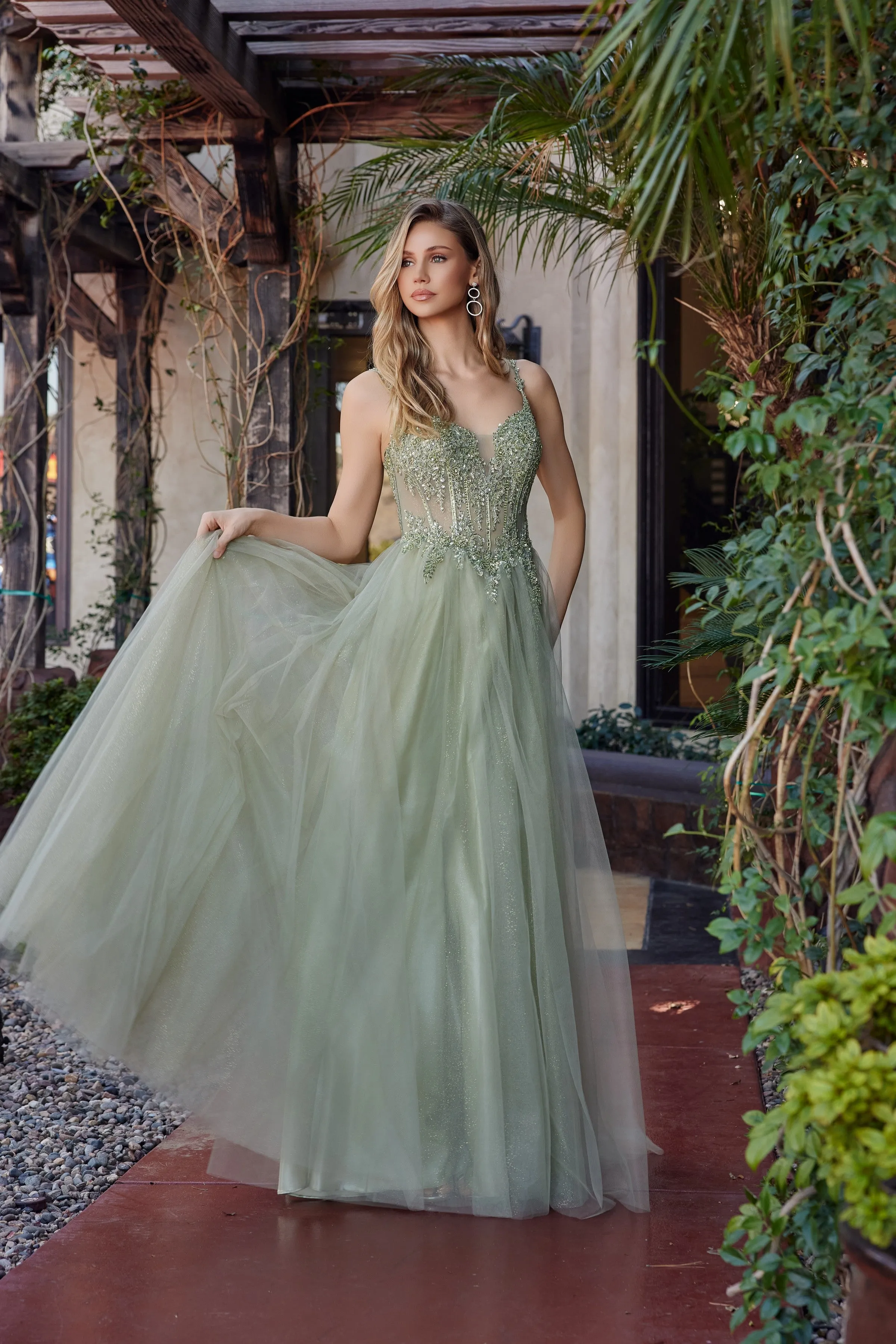 Nox Anabel F1726 fit and flare tulle prom dress with plunging neckline sold by The Gown Galleria
