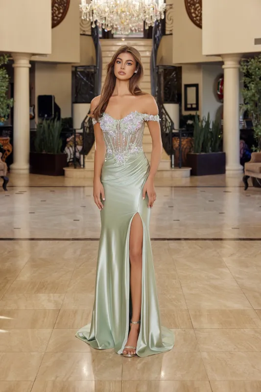 Nox Anabel R1814 off the shoulder prom dress with high slit sold by The Gown Galleria
