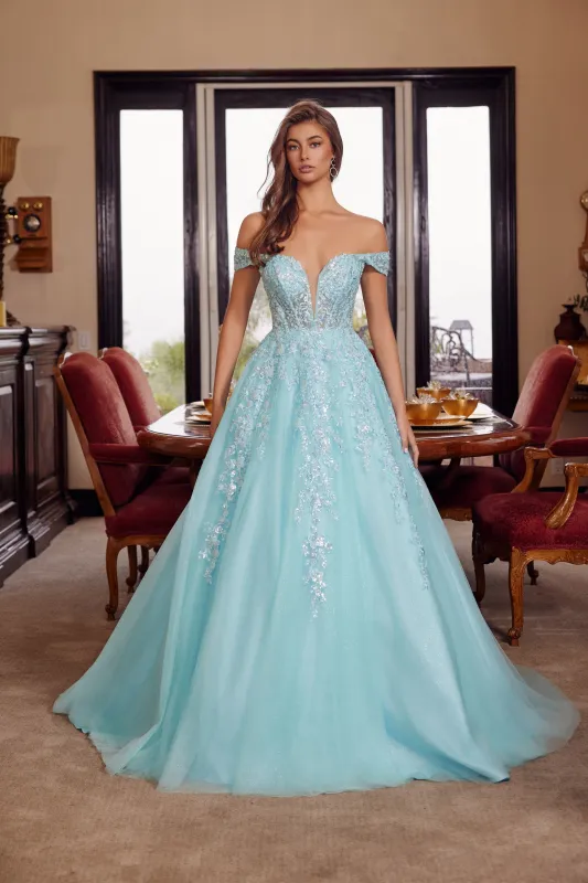 Nox Anabel H1881 prom dress with plunging v neckline and court train made by The Gown Galleria