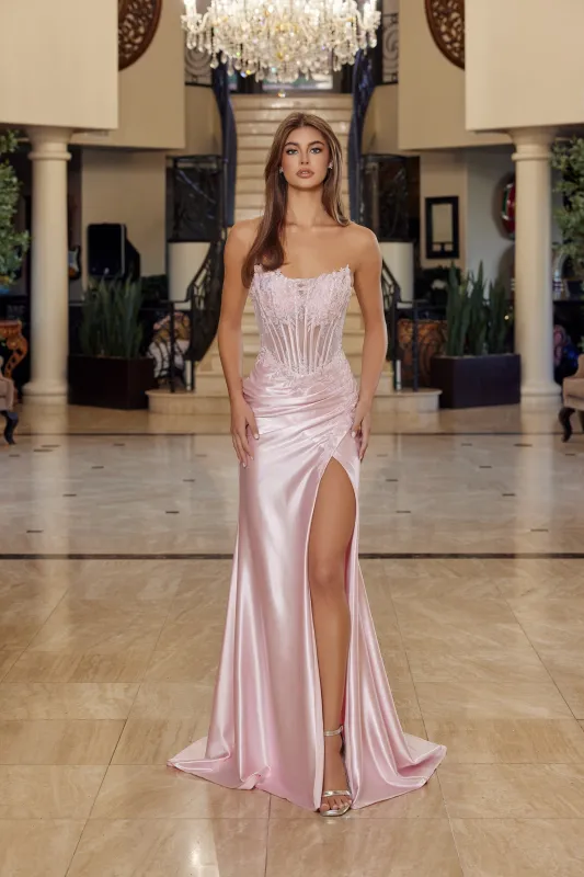Nox Anabel R1816 strapless satin prom dress with high slit sold by The Gown Galleria