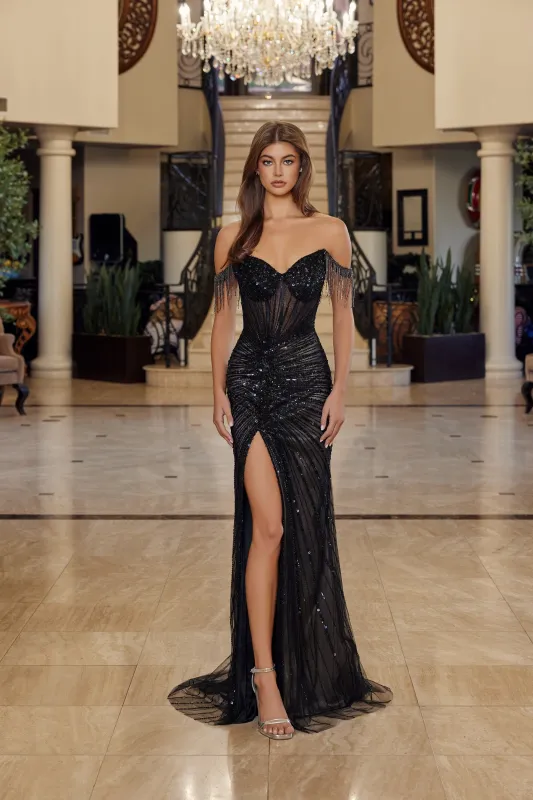 Nox Anabel C1850 off shoulder prom dress with thigh high slit made by The Gown Galleria
