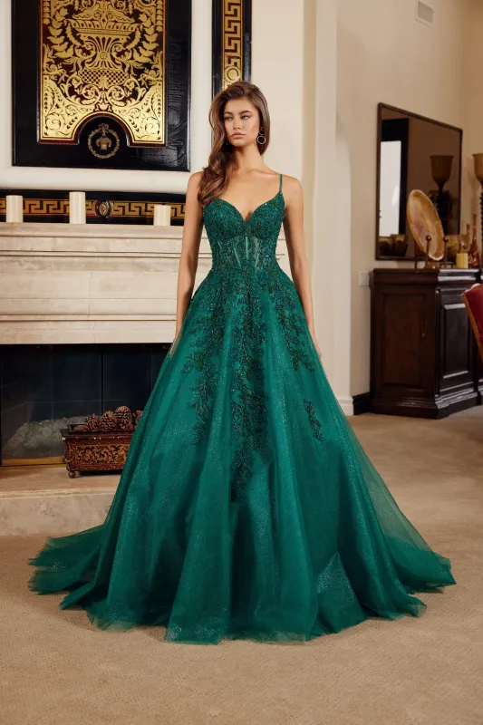 Nox Anabel H1883 fit and flare prom dress with plunging v neckline sold by The Gown Galleria