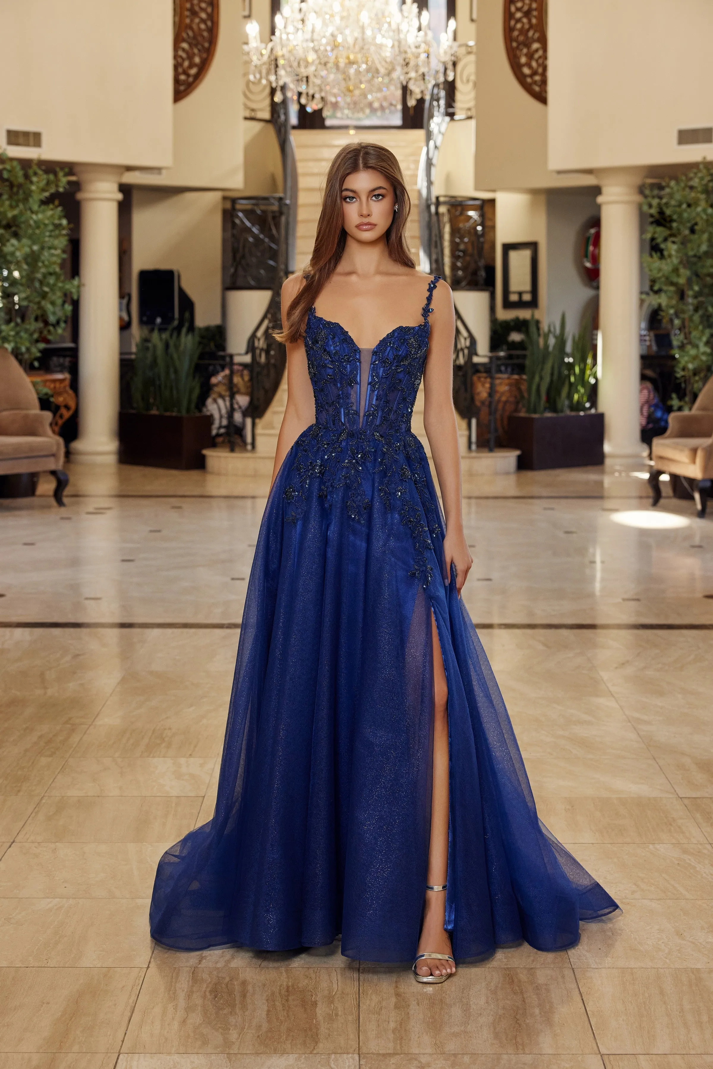 Nox Anabel R1824 fit and flare prom dress with plunging neckline sold by The Gown Galleria