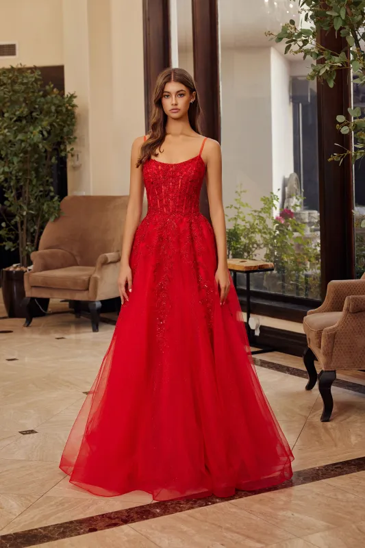 Nox Anabel H1886 fit and flare prom dress with scoop neckline sold by The Gown Galleria