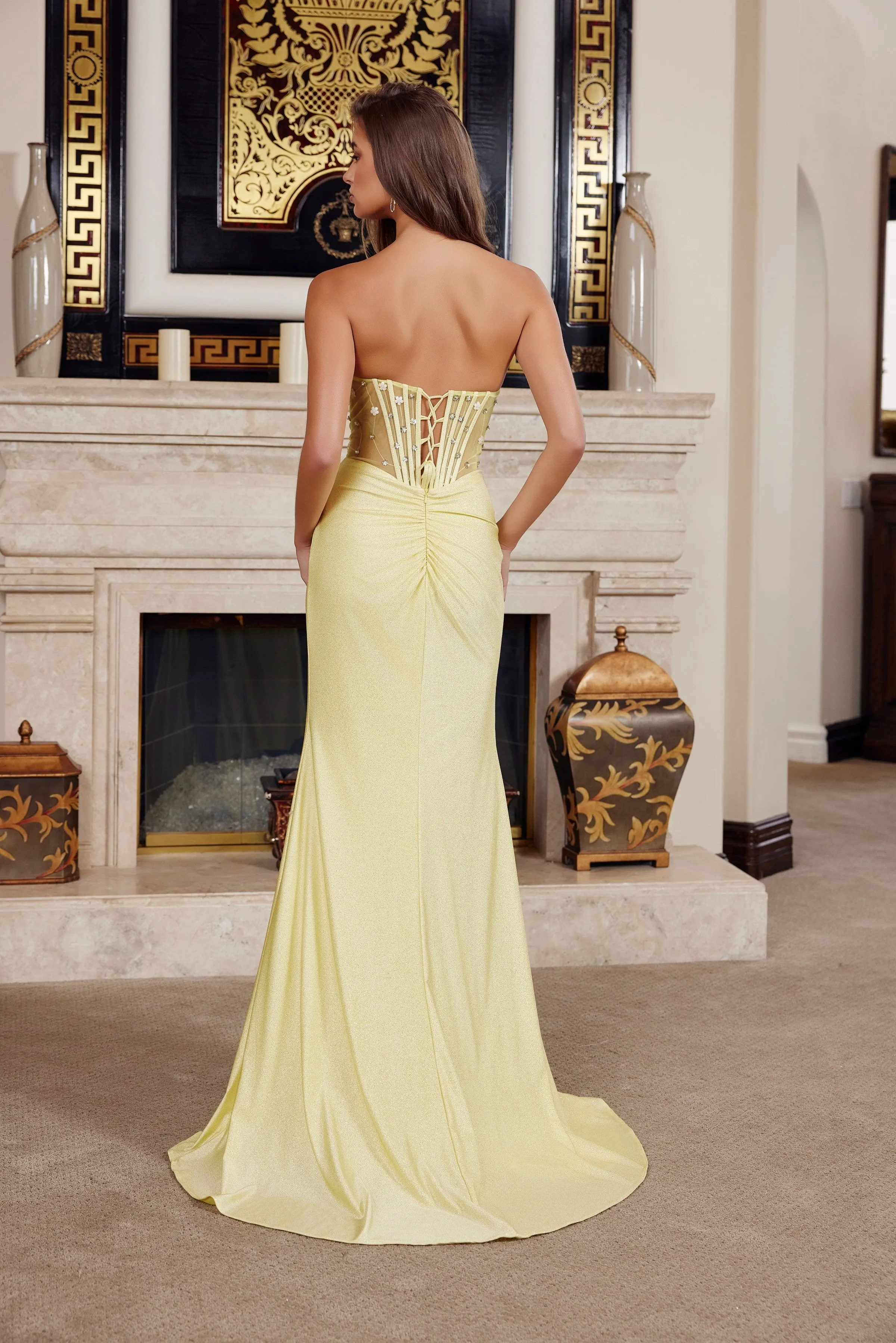 Nox Anabel K1736 prom dress with beaded bodice and high slit sold by The Gown Galleria product image thumbnail 2