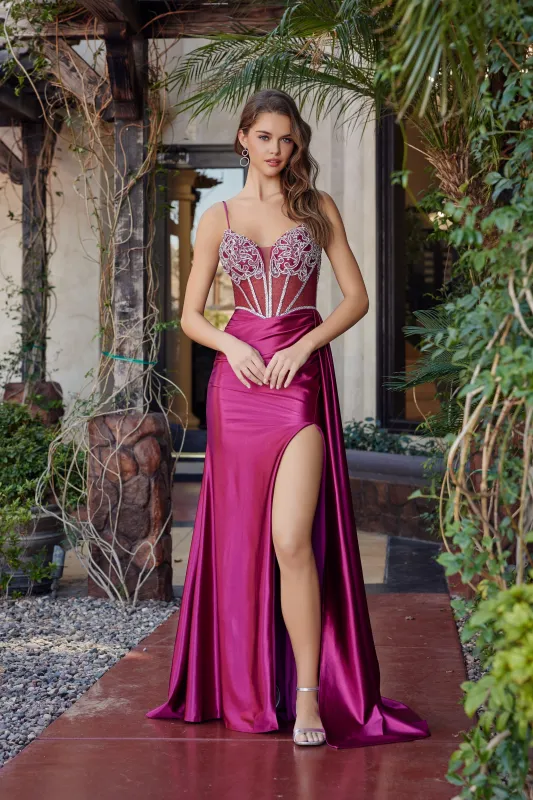 Nox Anabel G1788 prom dress with plunging v neckline and high slit made by The Gown Galleria