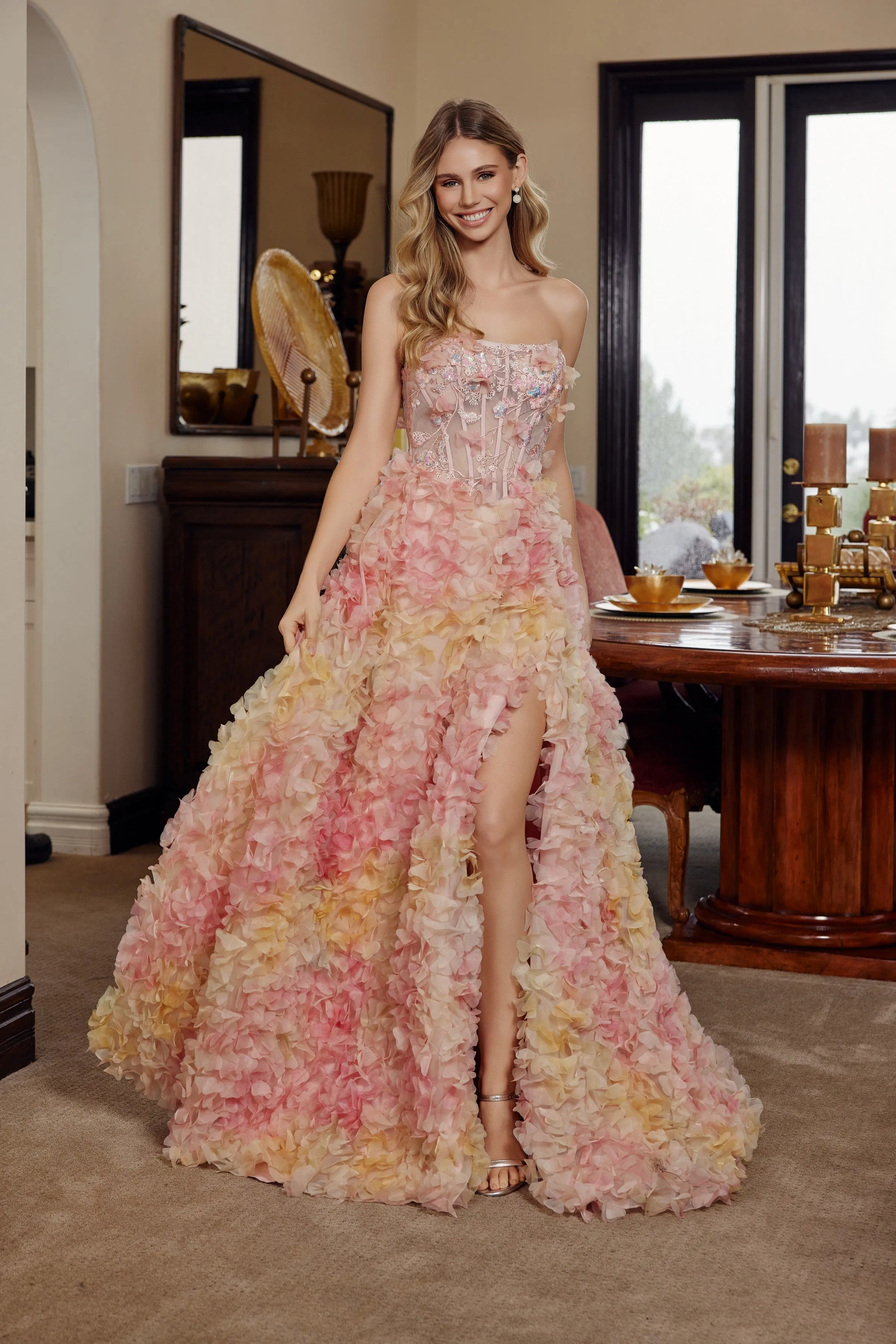Nox Anabel G1790 long tulle prom dress with flower appliqué sold by The Gown Galleria