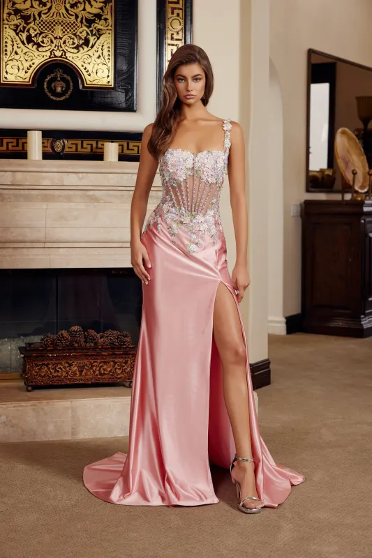 Nox Anabel M1755 prom dress with sequin flower design and high slit made by The Gown Galleria