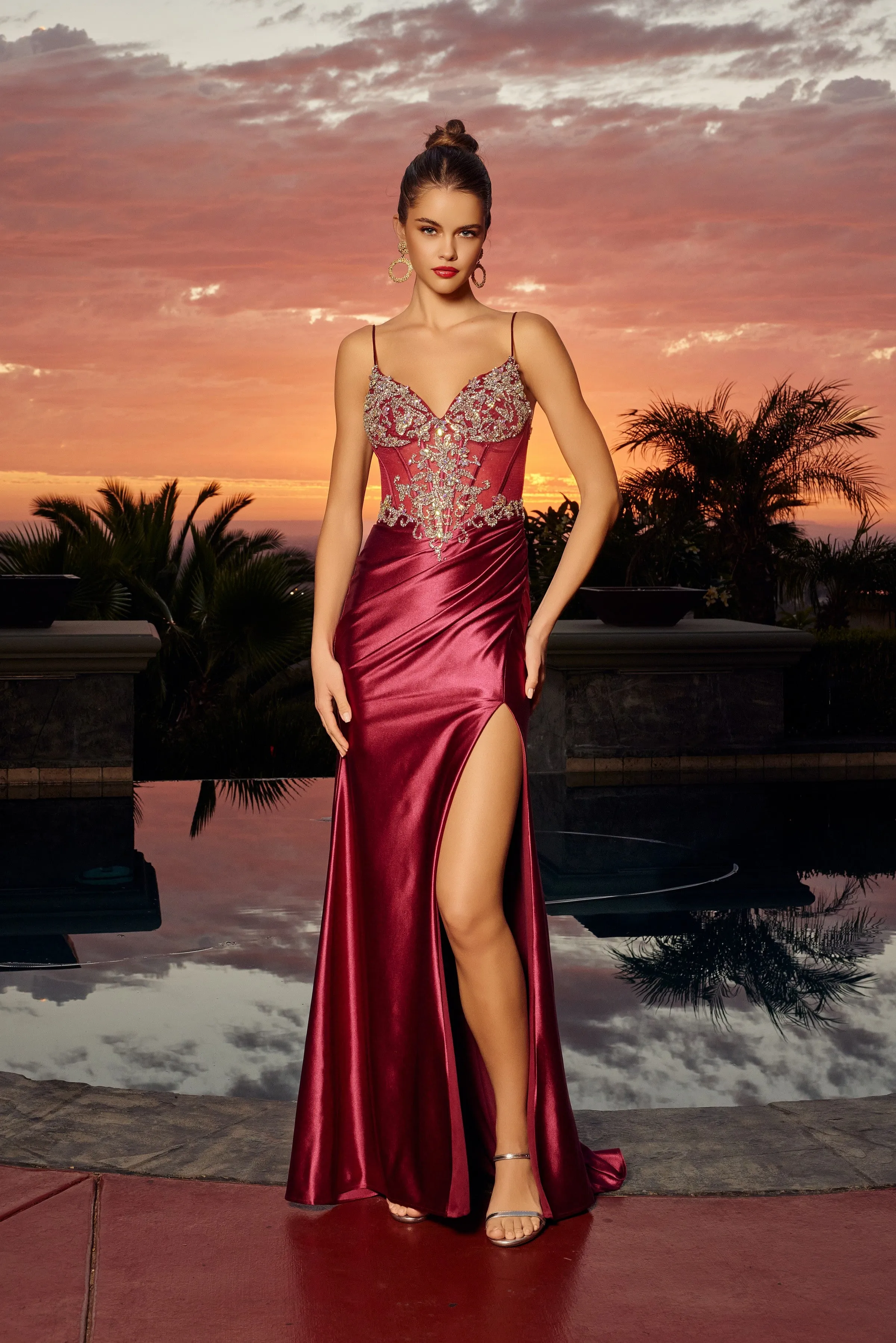 Nox Anabel A1750 fitted satin prom dress with thigh slit sold by The Gown Galleria