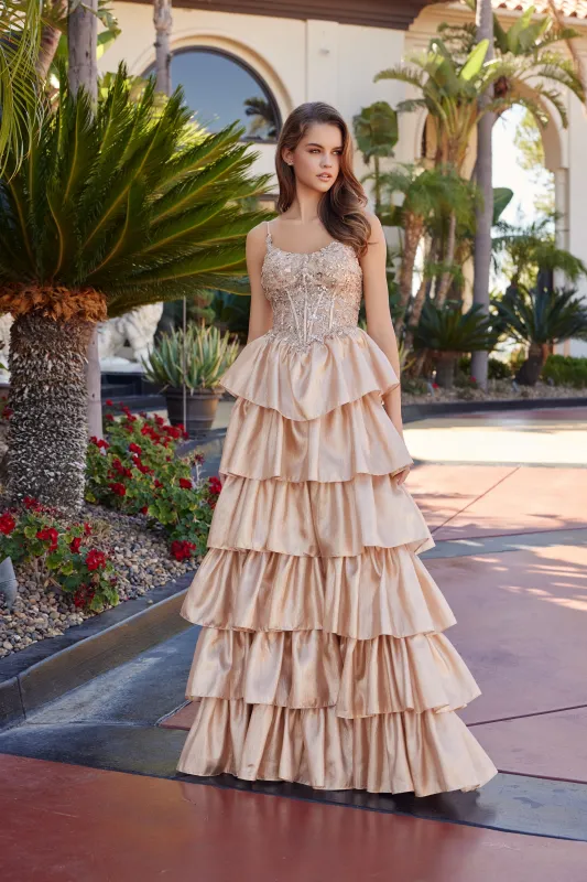 Nox Anabel N1762 prom dress with sequin bodice and spaghetti strap made by The Gown Galleria