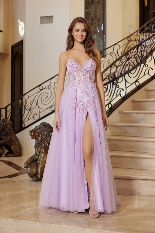 Nox Anabel Q1773 fit and flare tulle prom dress with plunging neckline sold by The Gown Galleria