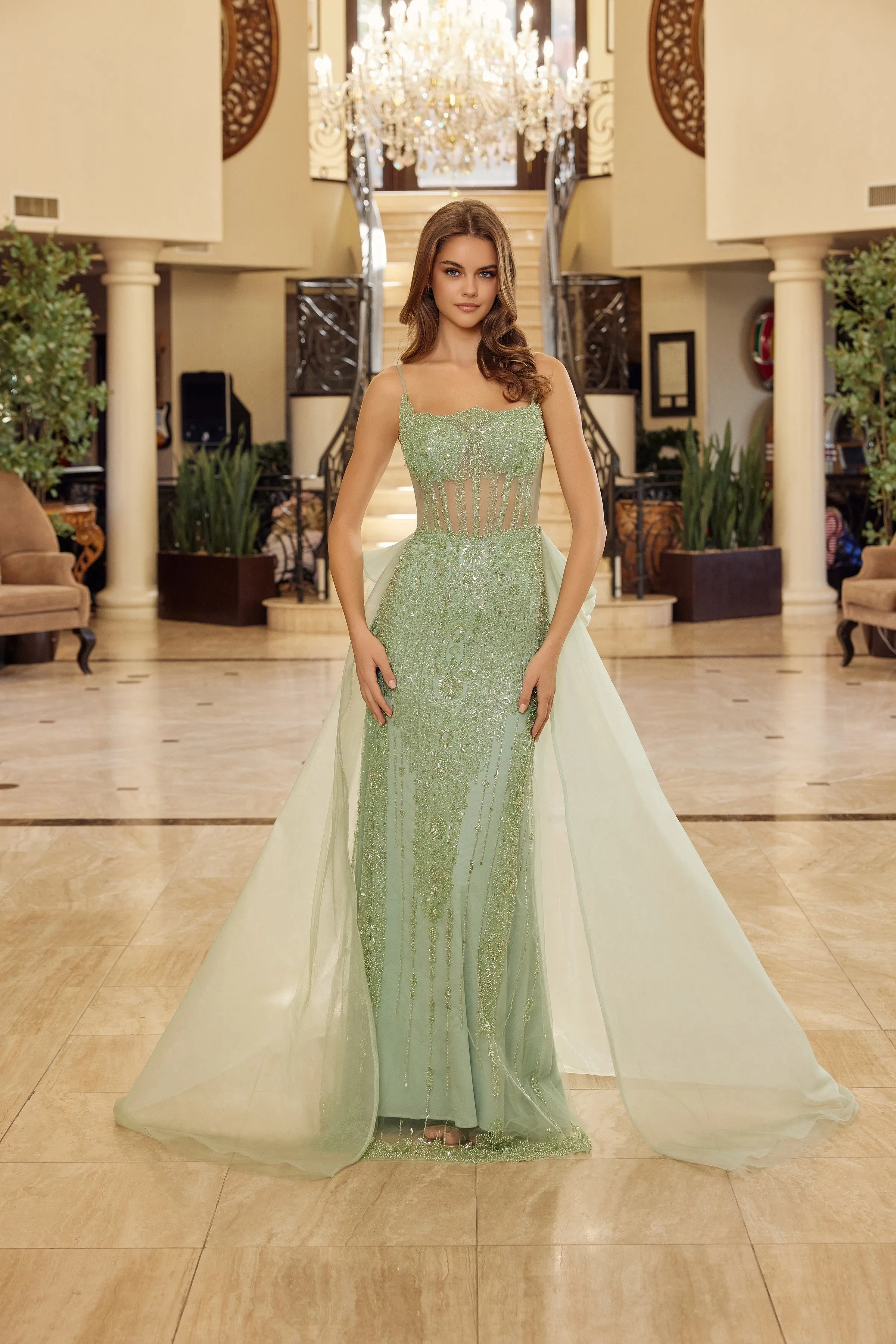 Nox Anabel N1763 prom dress with illusion neckline and beading sold by The Gown Galleria