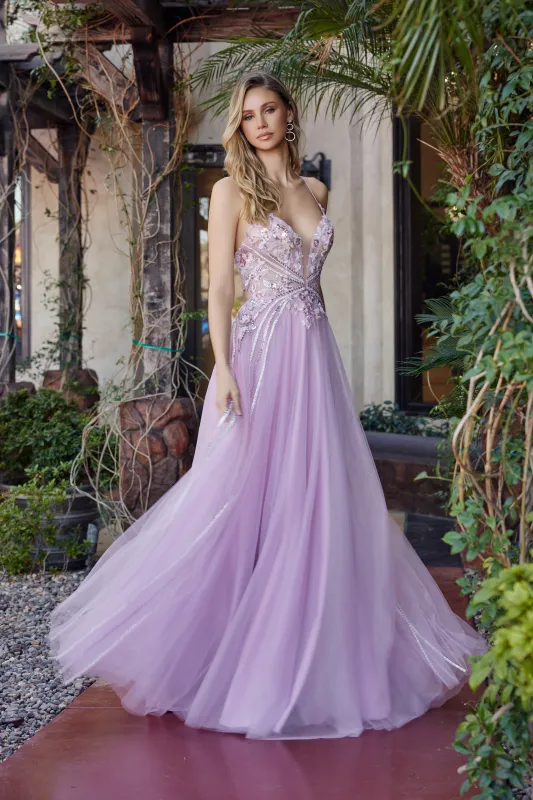 Nox Anabel G1795 fit and flare prom dress with plunging v neckline sold by The Gown Galleria