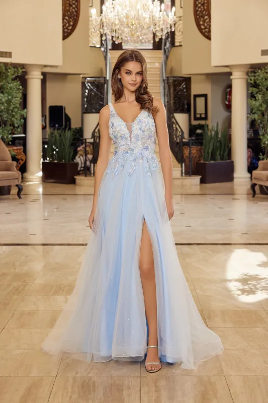 Nox Anabel Y1799 A-Line Tulle Prom prom dress with Plunging Neckline made by The Gown Galleria