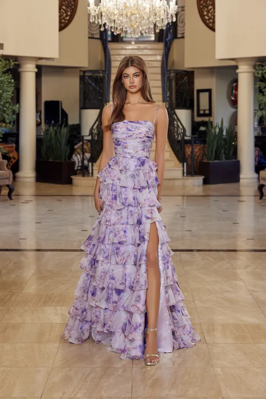 Nox Anabel Q1777 floral print a-line prom dress with strapless neckline sold by The Gown Galleria